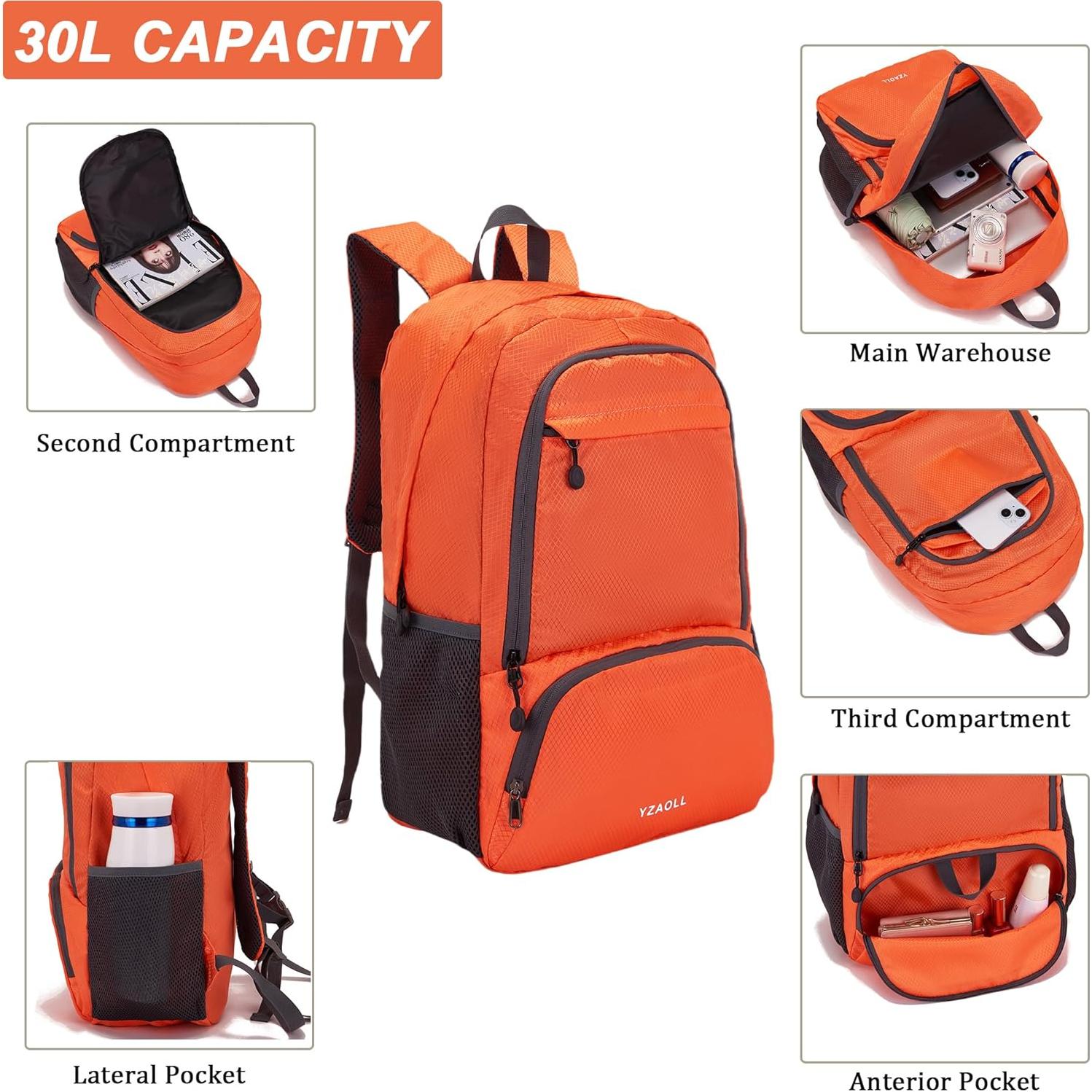 Mochila de Viaje Plegable YZAOLL 30L Resistente al Agua Naranja
