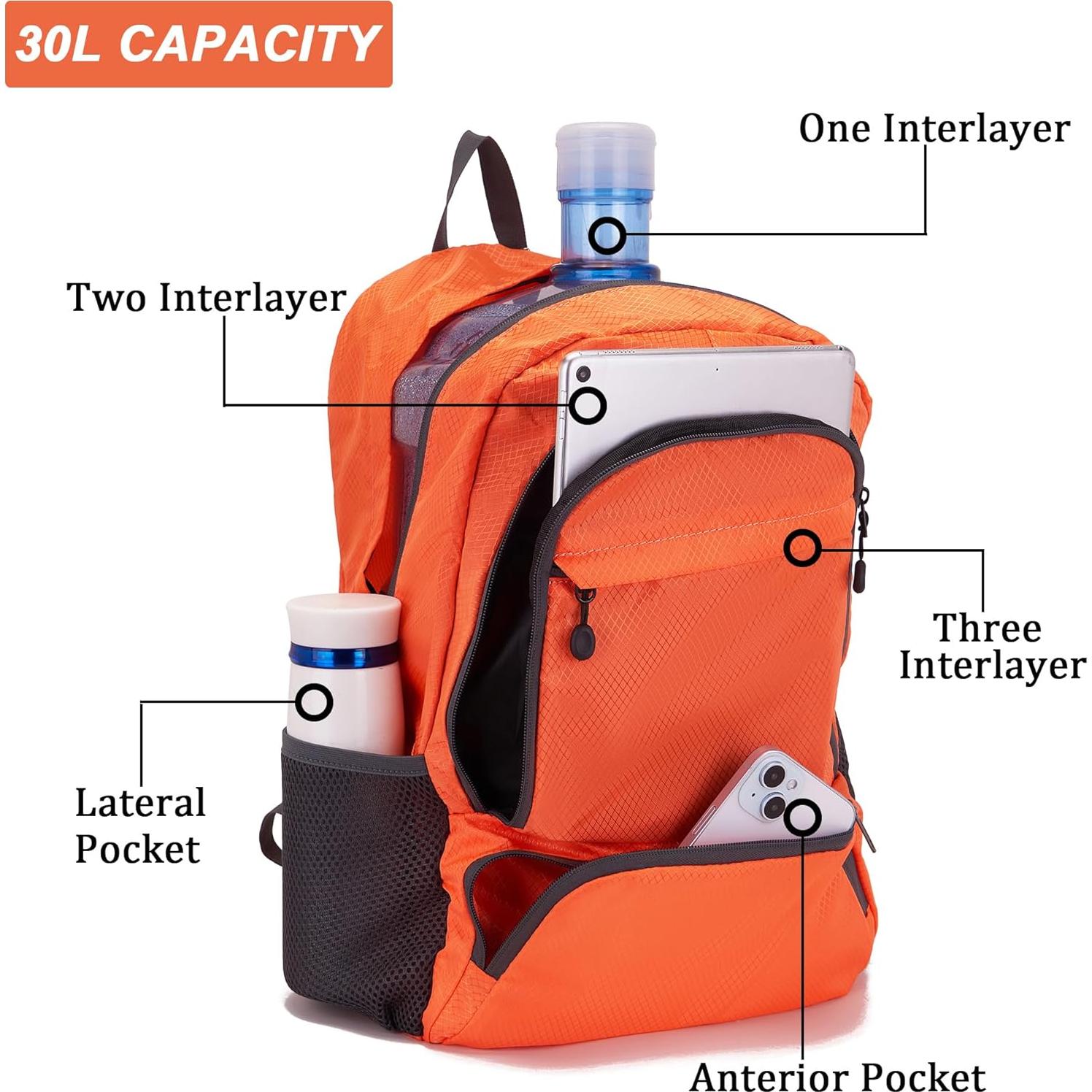 Mochila de Viaje Plegable YZAOLL 30L Resistente al Agua Naranja