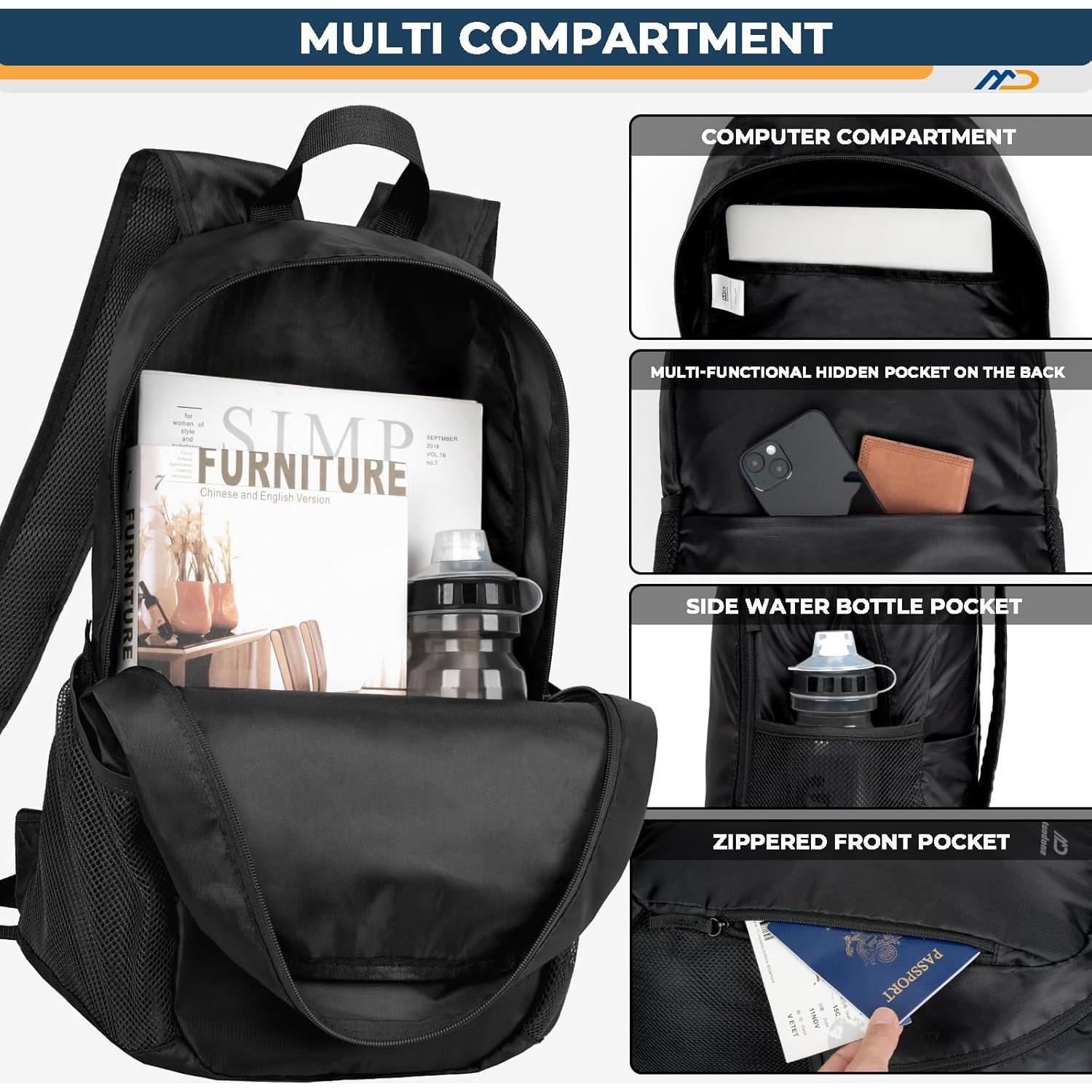 Mochila de Senderismo Plegable 30L Impermeable Unisex Negra