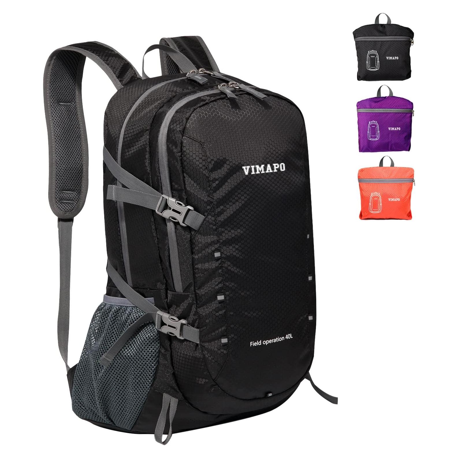 Mochila Plegable 40L Vimapo Nylon Ripstop Impermeable Negra