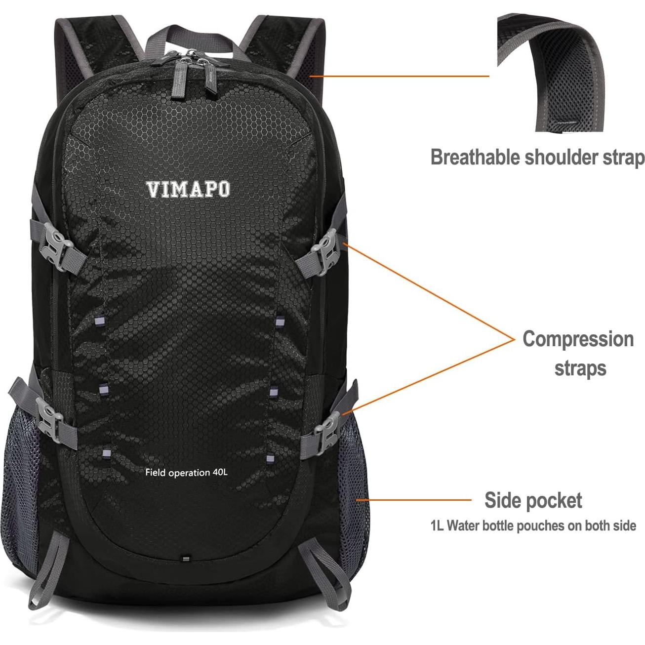 Mochila Plegable 40L Vimapo Nylon Ripstop Impermeable Negra