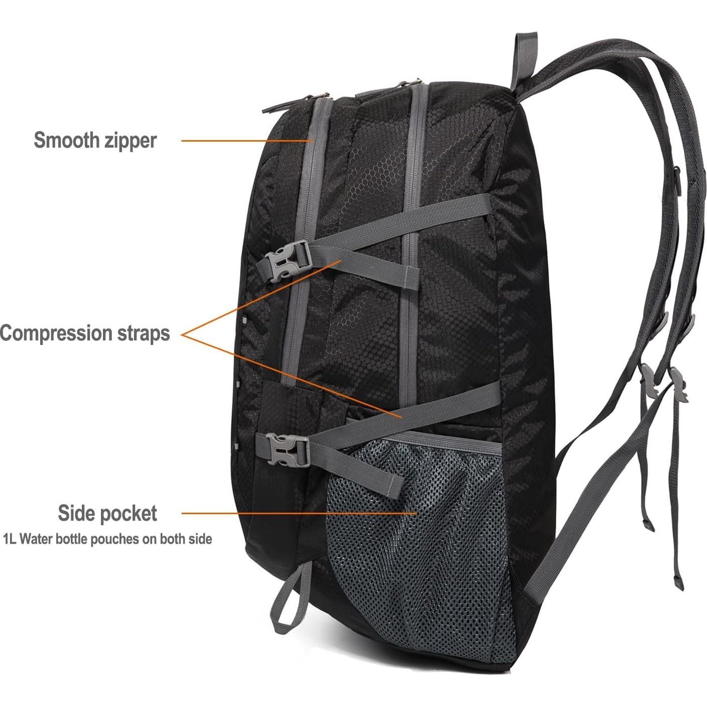 Mochila Plegable 40L Vimapo Nylon Ripstop Impermeable Negra