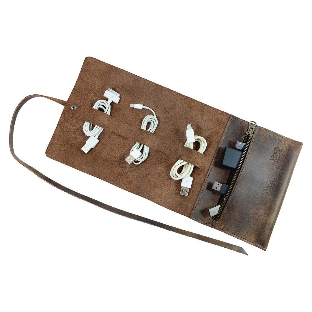 Enrollador de Cables Hide & Drink - Cuero Marrón Hecho a Mano