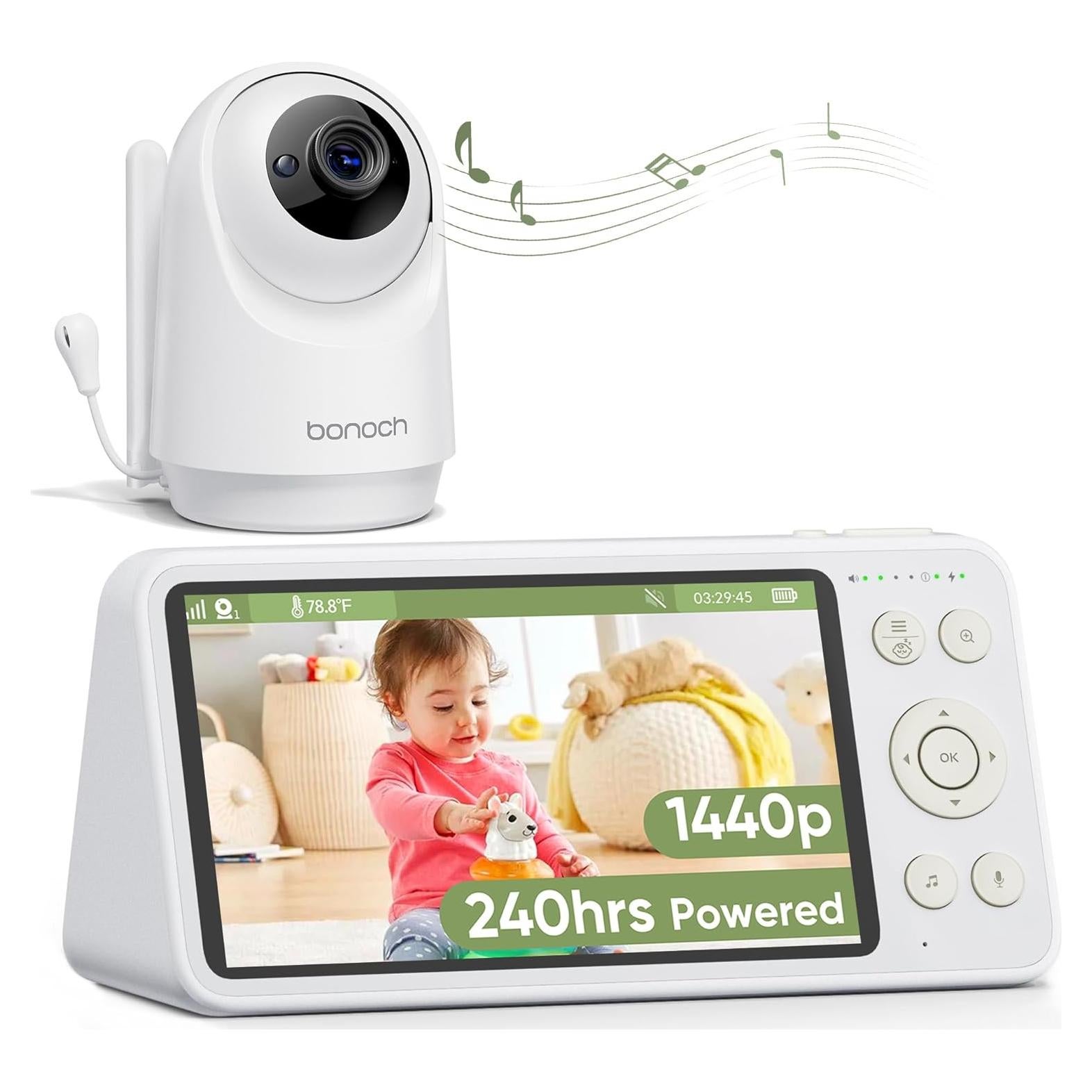 bonoch 5.5" 1440p Baby Monitor with Camera and Audio, No WiFi Baby Camera, 240h Lasting, Smart Detect Sleep Turn Over/Cry/Motion, 7800mAh, Hack Proof Video Monitor, Built-in Sound Machine White Noise
