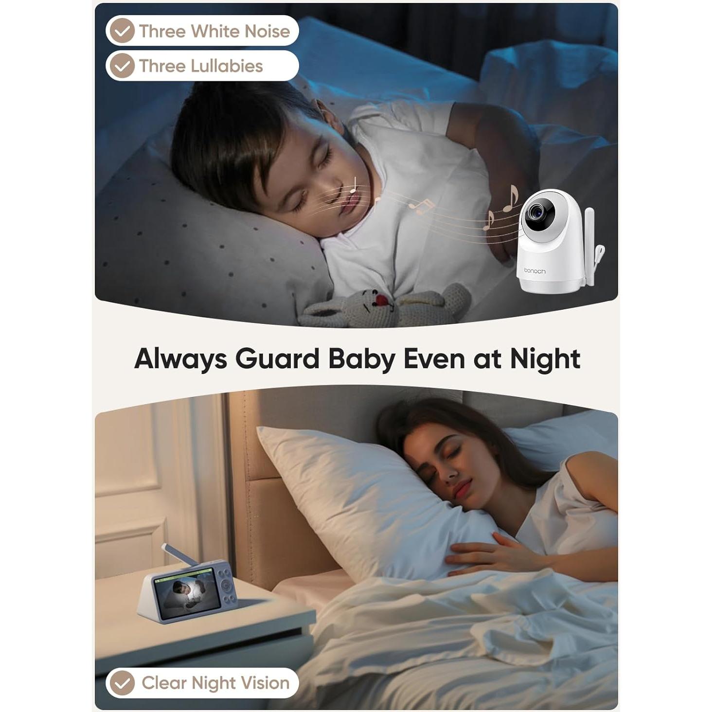 bonoch 5.5" 1440p Baby Monitor with Camera and Audio, No WiFi Baby Camera, 240h Lasting, Smart Detect Sleep Turn Over/Cry/Motion, 7800mAh, Hack Proof Video Monitor, Built-in Sound Machine White Noise