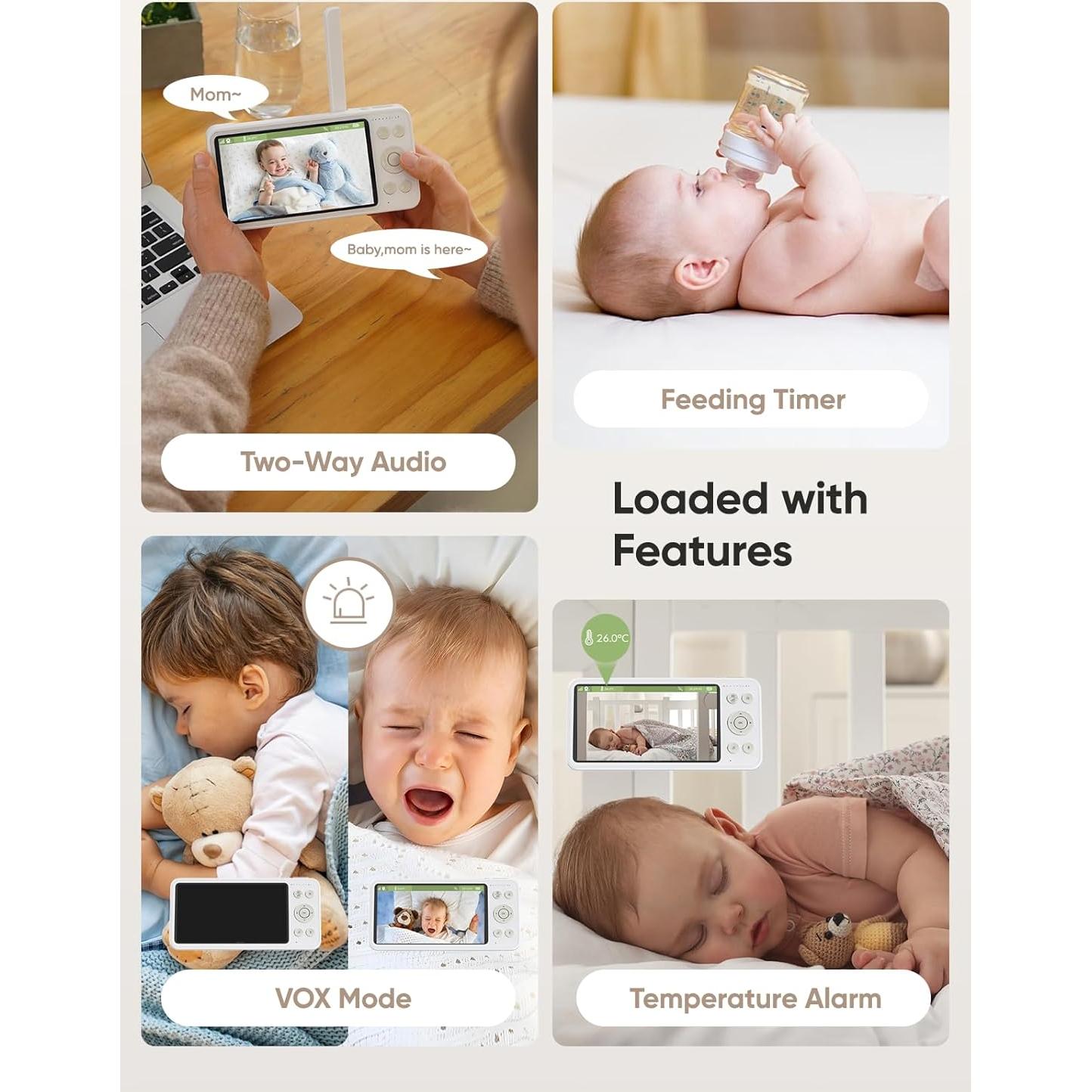 bonoch 5.5" 1440p Baby Monitor with Camera and Audio, No WiFi Baby Camera, 240h Lasting, Smart Detect Sleep Turn Over/Cry/Motion, 7800mAh, Hack Proof Video Monitor, Built-in Sound Machine White Noise