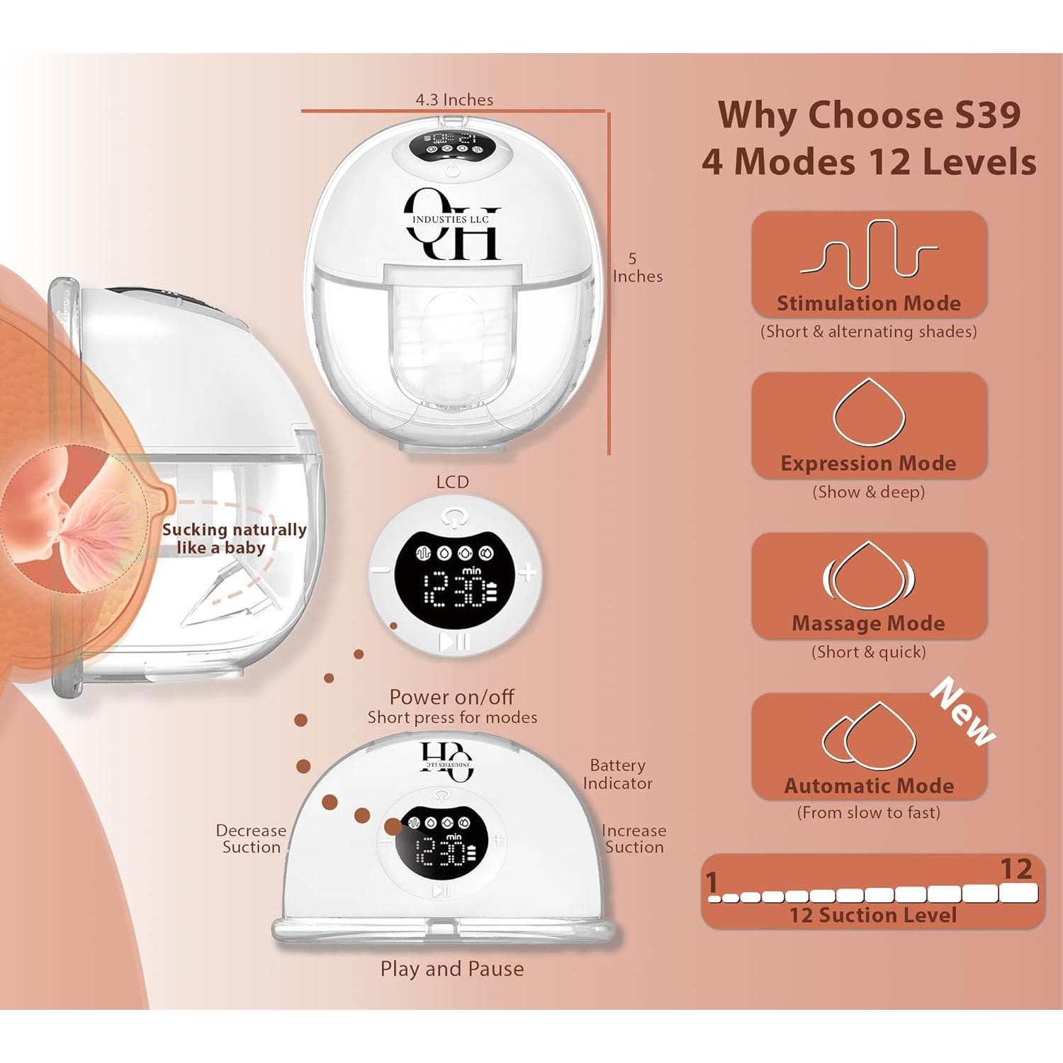Extractor de Leche Portátil S39 Sin Manos 4 Modos 12 Niveles