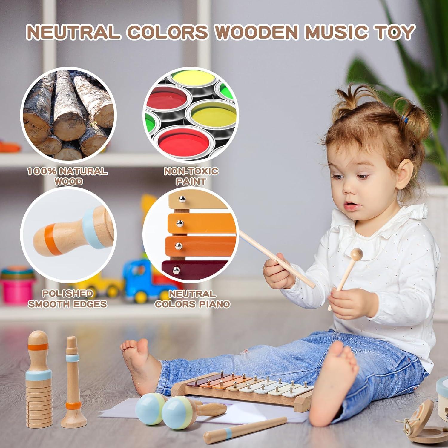 Baby Musical Instruments, Montessori Wooden Toys for Toddlers 1-3, Neutral Colors Percussion Instruments, Modern Boho Xylophone for Kids, Preschool Educational Baby Musical Toys