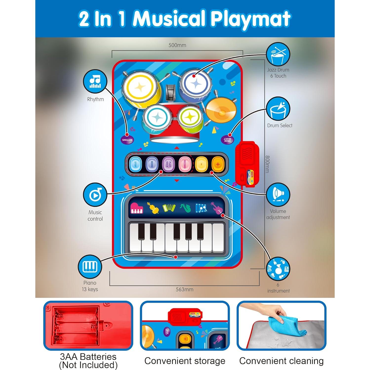 Alfombra Musical para Bebés DQMOON con Piano y Batería Azul