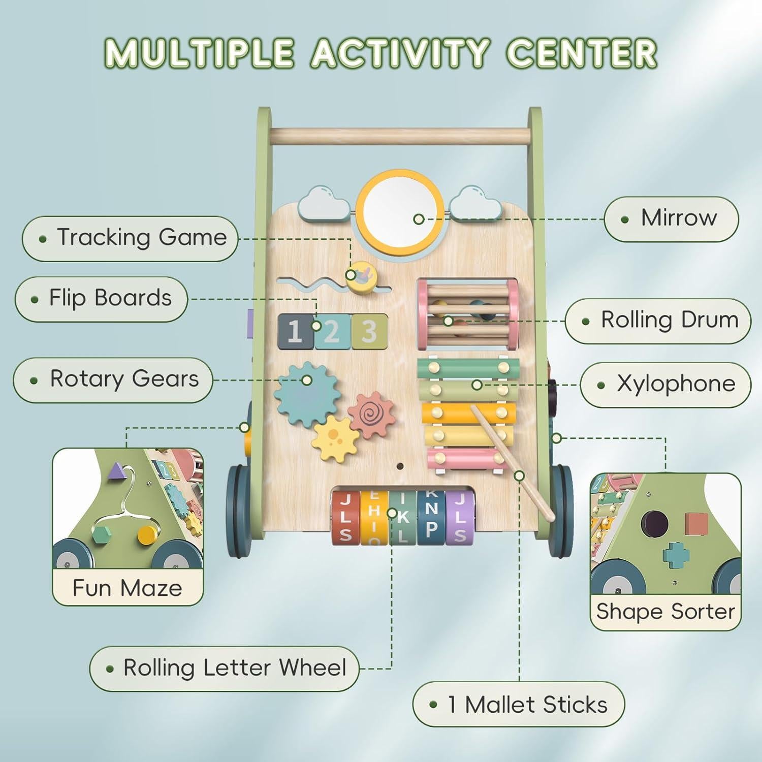 Andador de Madera Bautia Verde Montessori para Bebés 6-12 Meses