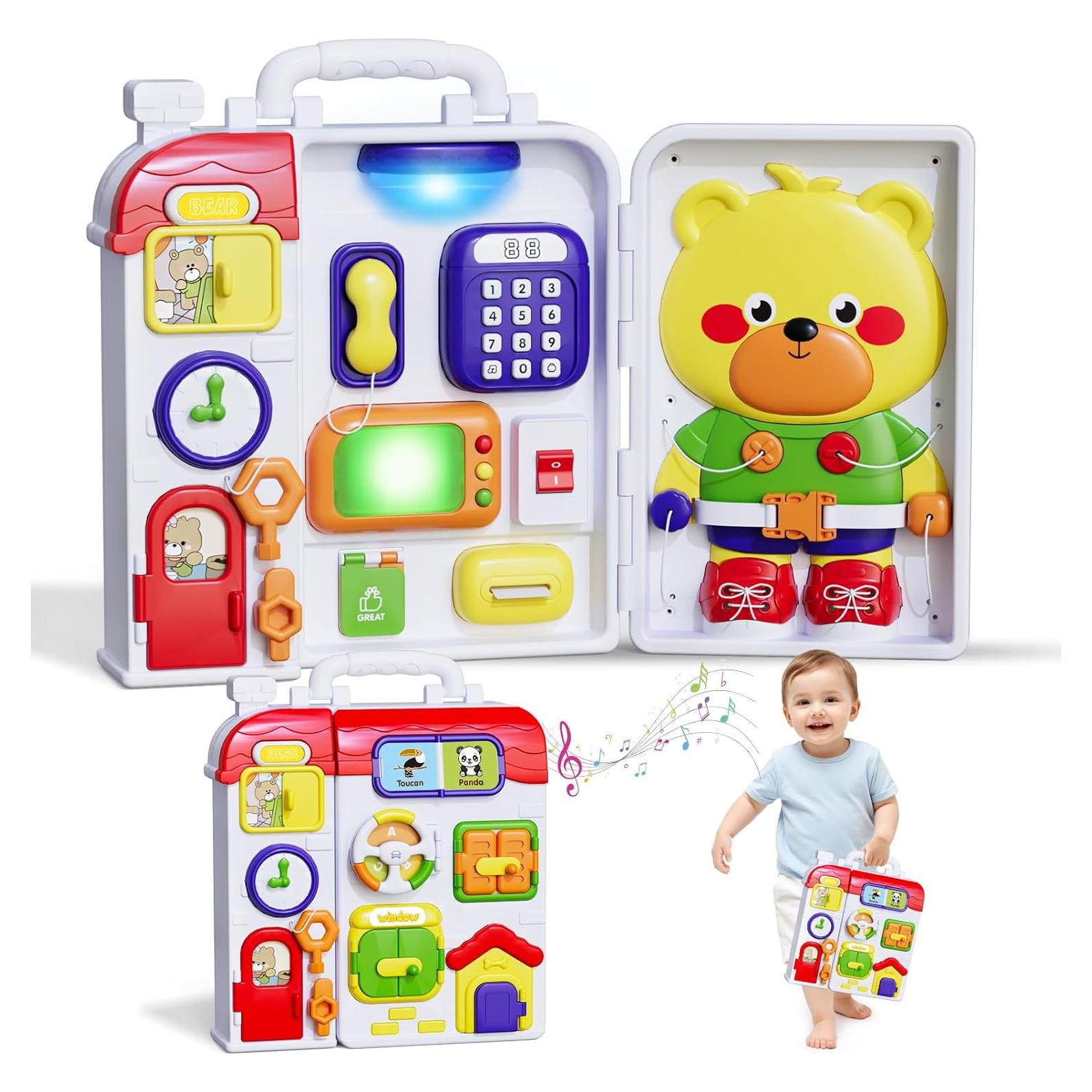 Montessori Toys for 1 Year Old, Musical Montessori Busy Board for Toddlers 1-3, Bilingual Learning Sensory Activity Board, Travel Birthday Gift for Baby Boys Girls Ages 2 3 4