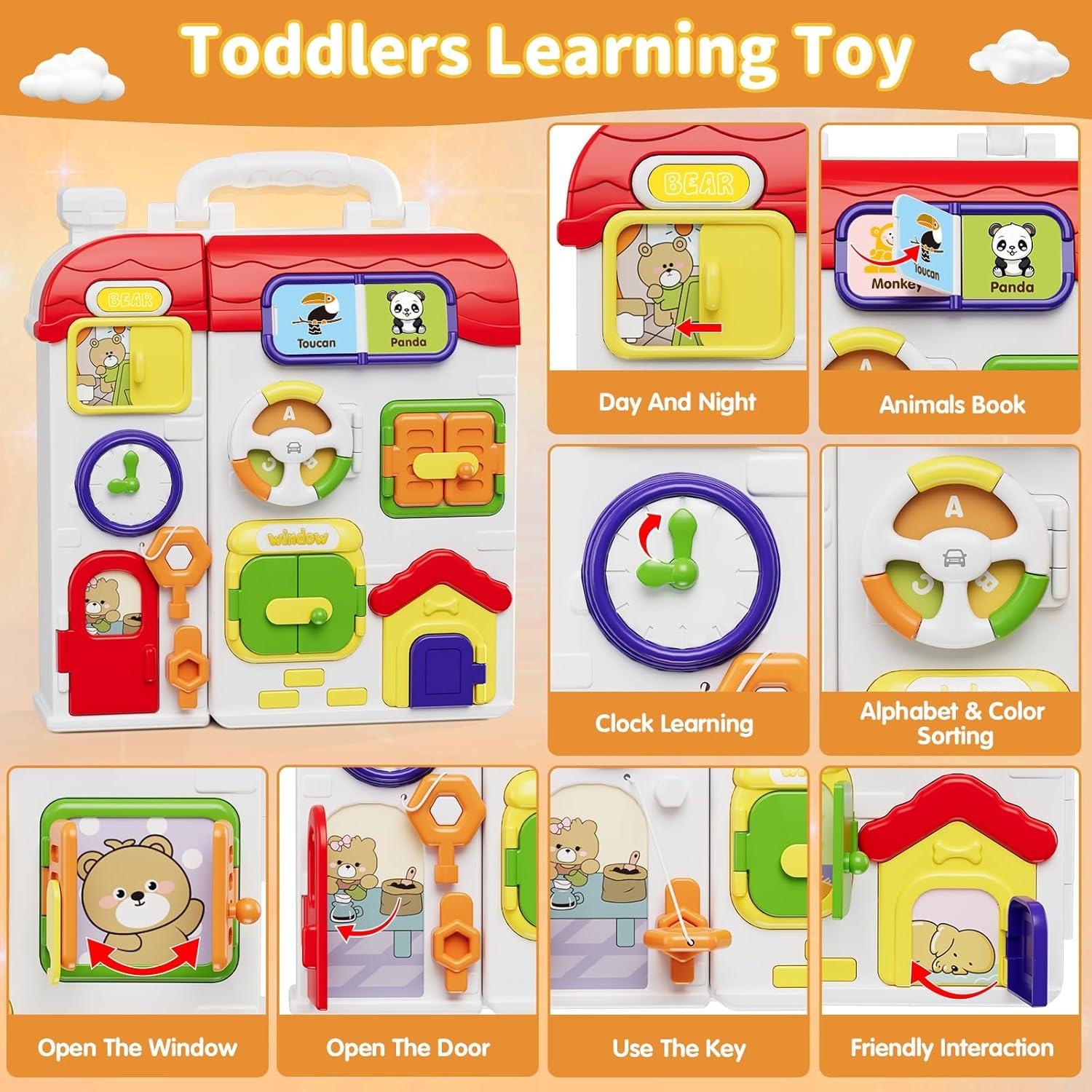 Montessori Toys for 1 Year Old, Musical Montessori Busy Board for Toddlers 1-3, Bilingual Learning Sensory Activity Board, Travel Birthday Gift for Baby Boys Girls Ages 2 3 4