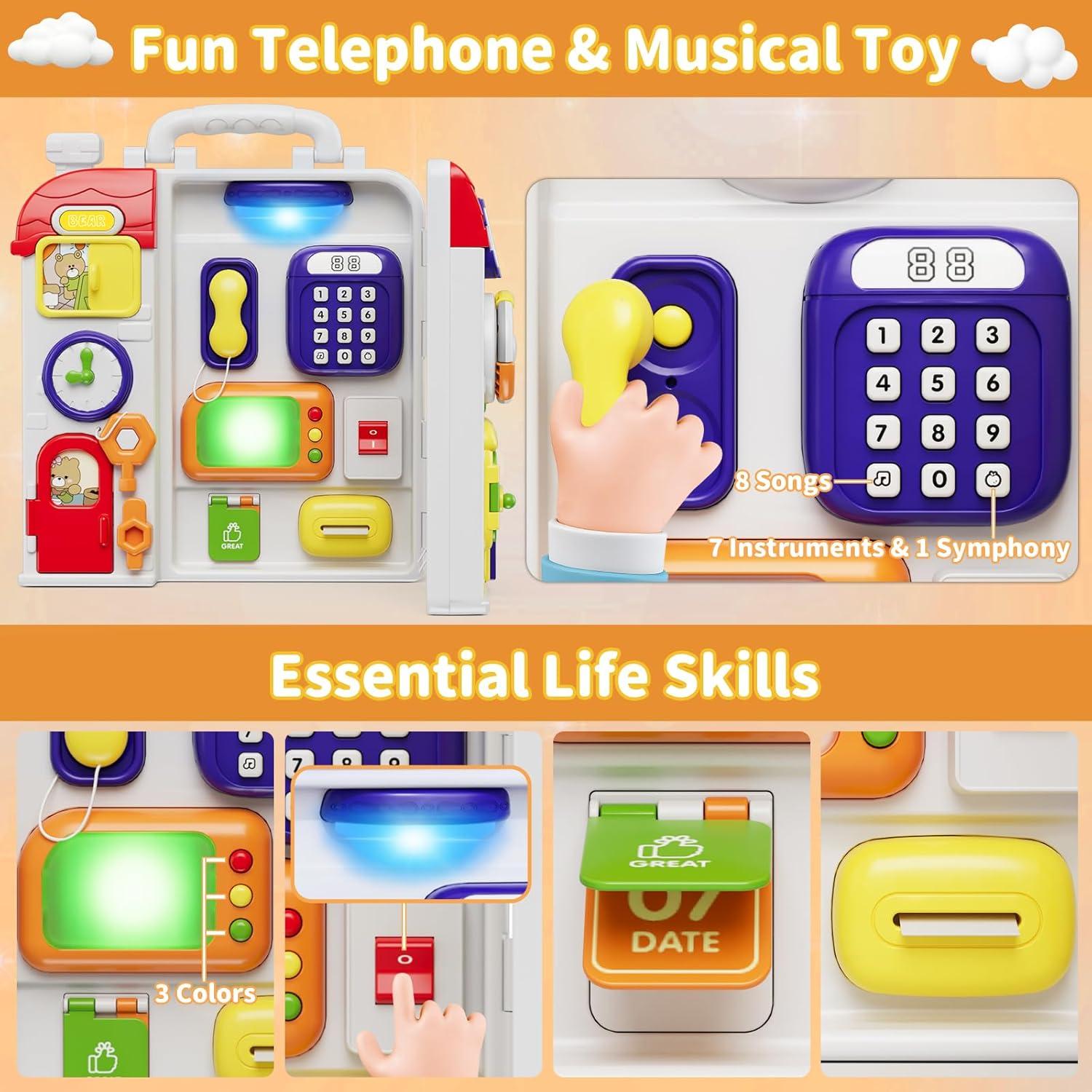 Montessori Toys for 1 Year Old, Musical Montessori Busy Board for Toddlers 1-3, Bilingual Learning Sensory Activity Board, Travel Birthday Gift for Baby Boys Girls Ages 2 3 4