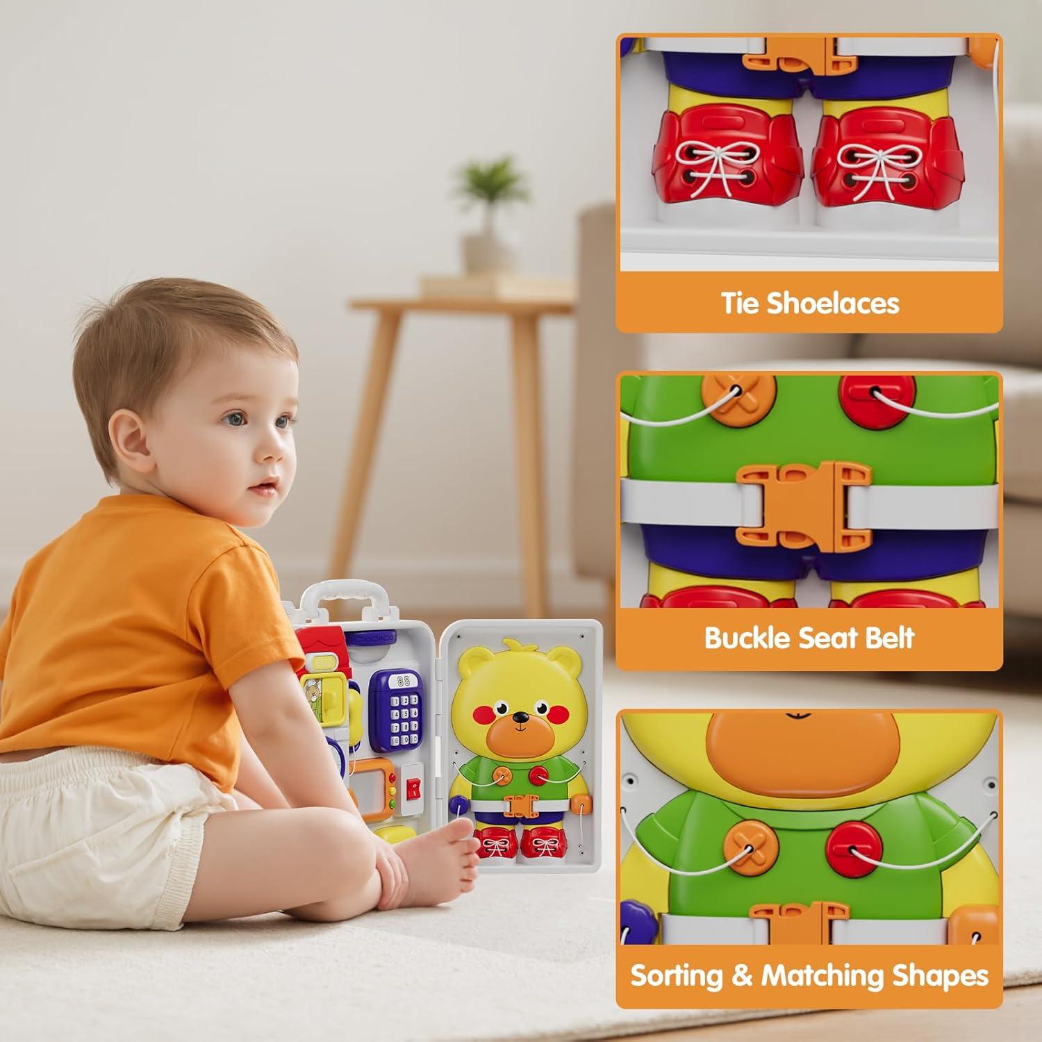 Montessori Toys for 1 Year Old, Musical Montessori Busy Board for Toddlers 1-3, Bilingual Learning Sensory Activity Board, Travel Birthday Gift for Baby Boys Girls Ages 2 3 4