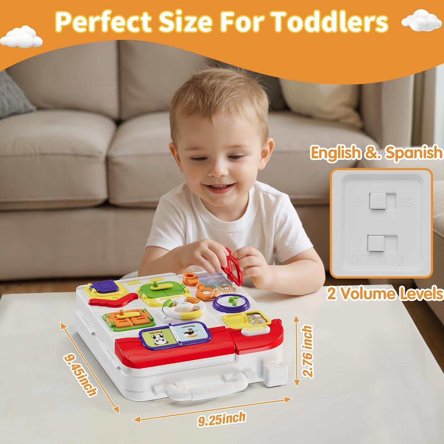 Montessori Toys for 1 Year Old, Musical Montessori Busy Board for Toddlers 1-3, Bilingual Learning Sensory Activity Board, Travel Birthday Gift for Baby Boys Girls Ages 2 3 4