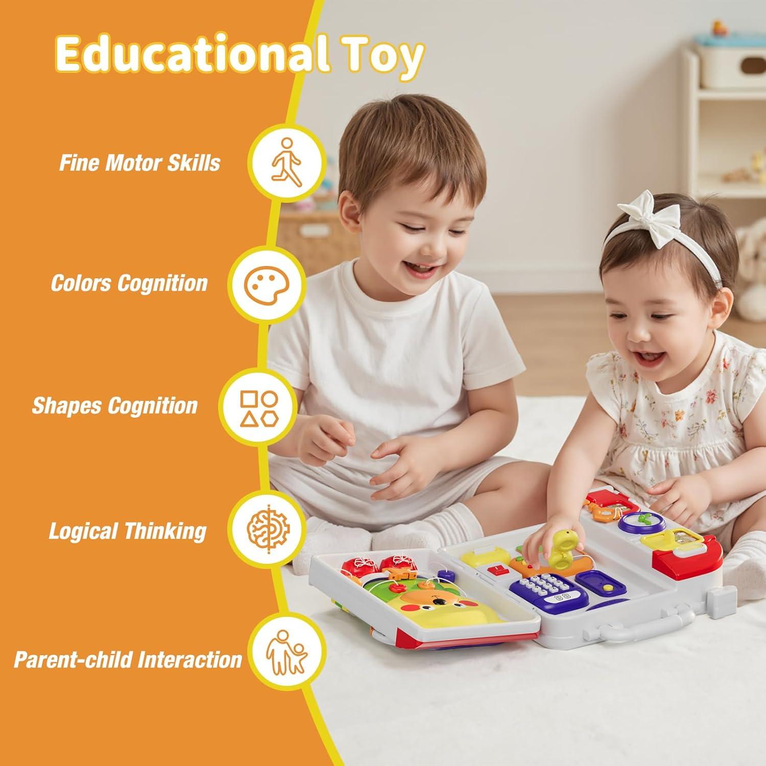 Montessori Toys for 1 Year Old, Musical Montessori Busy Board for Toddlers 1-3, Bilingual Learning Sensory Activity Board, Travel Birthday Gift for Baby Boys Girls Ages 2 3 4