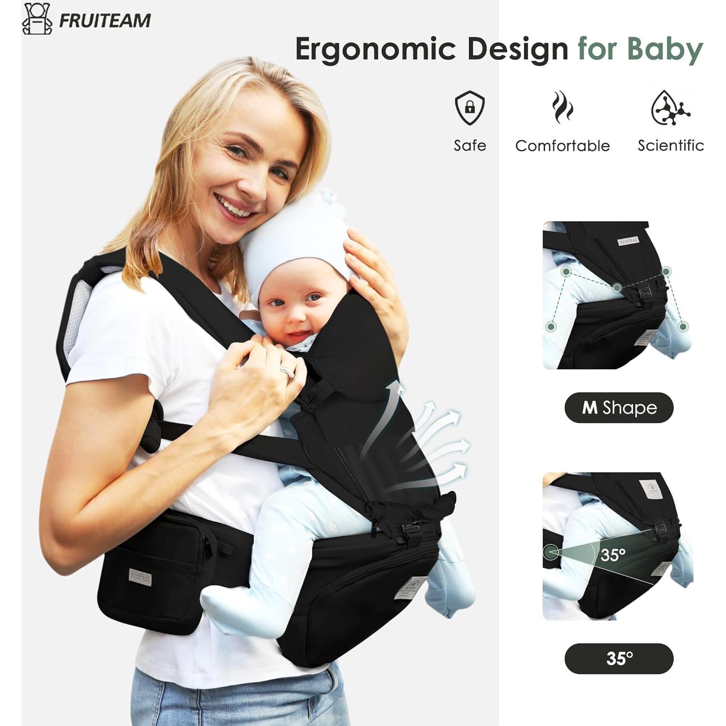 Portabebés ergonómico FRUITEAM 6 en 1 negro para 0-48 meses