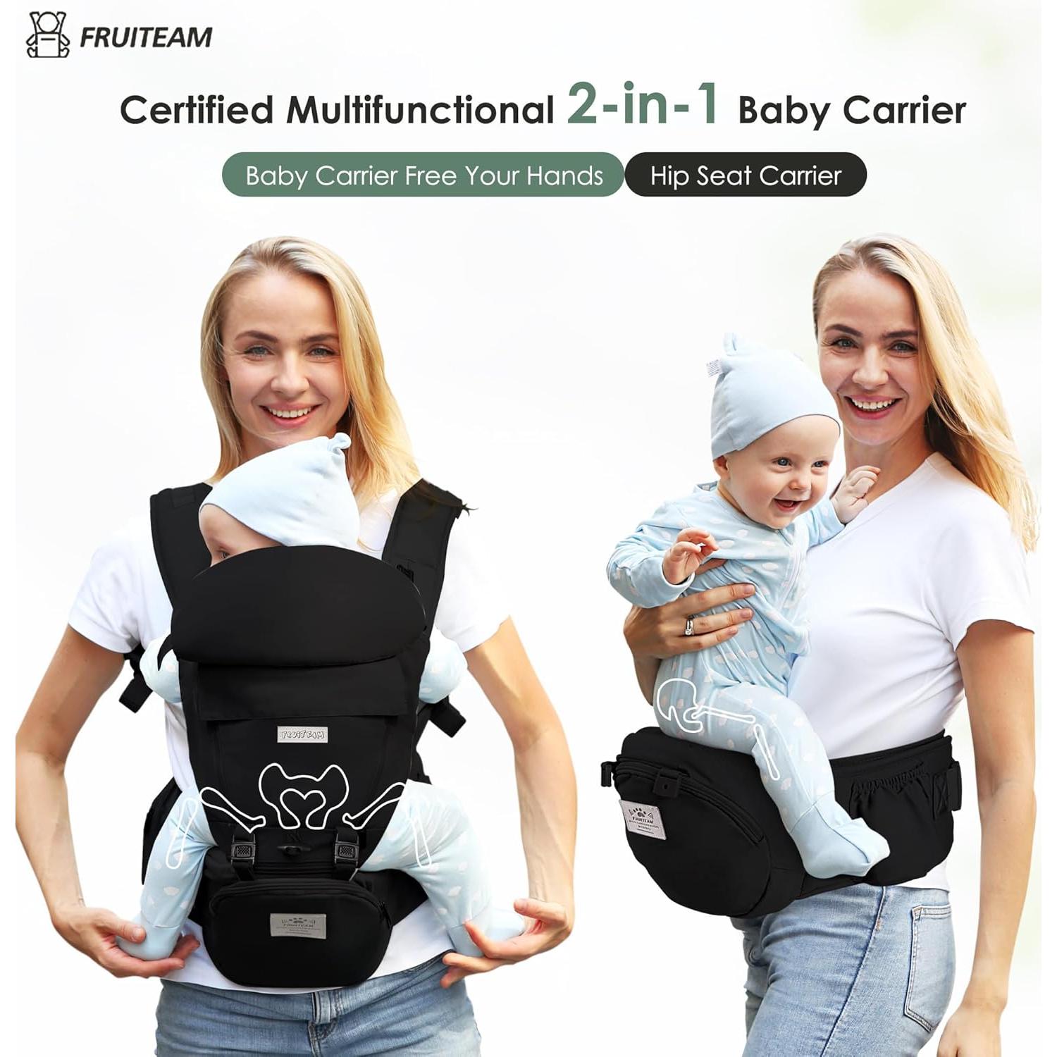 Portabebés ergonómico FRUITEAM 6 en 1 negro para 0-48 meses