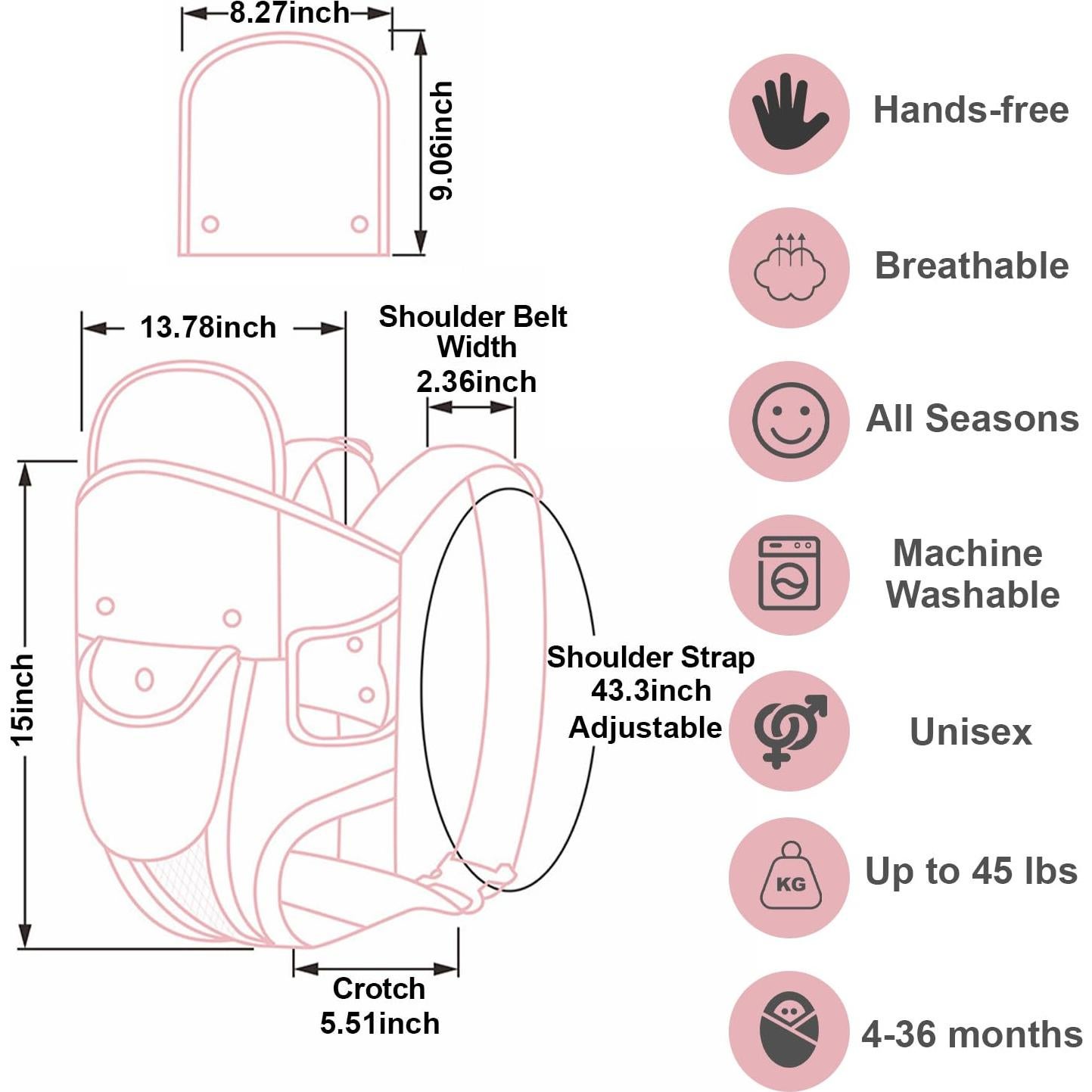 Portabebés 4-en-1 POVENK Rosa Ergonómico Ajustable 3-20 kg