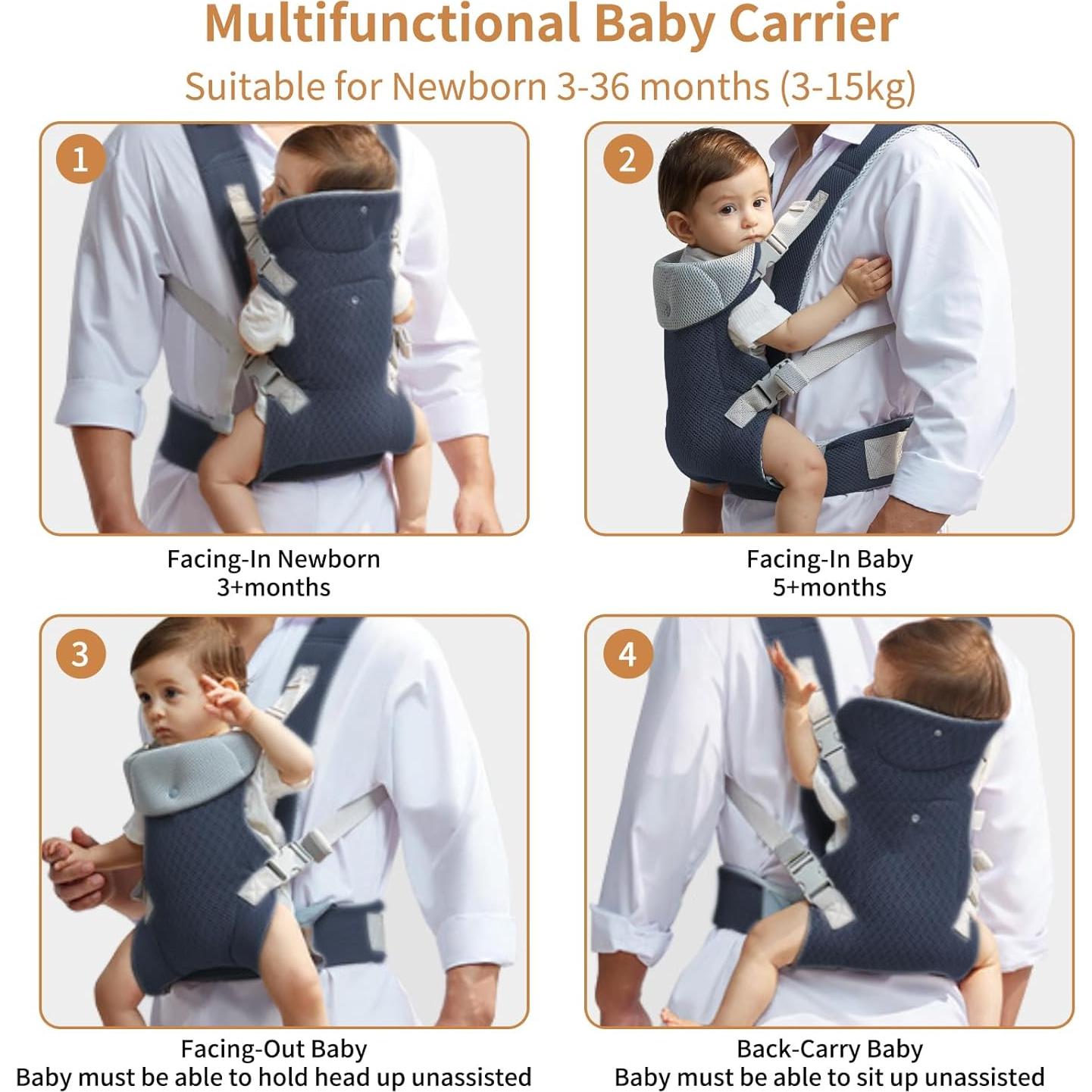 Portabebés Ergonómico IULONEE Azul Marino Ajustable 15kg