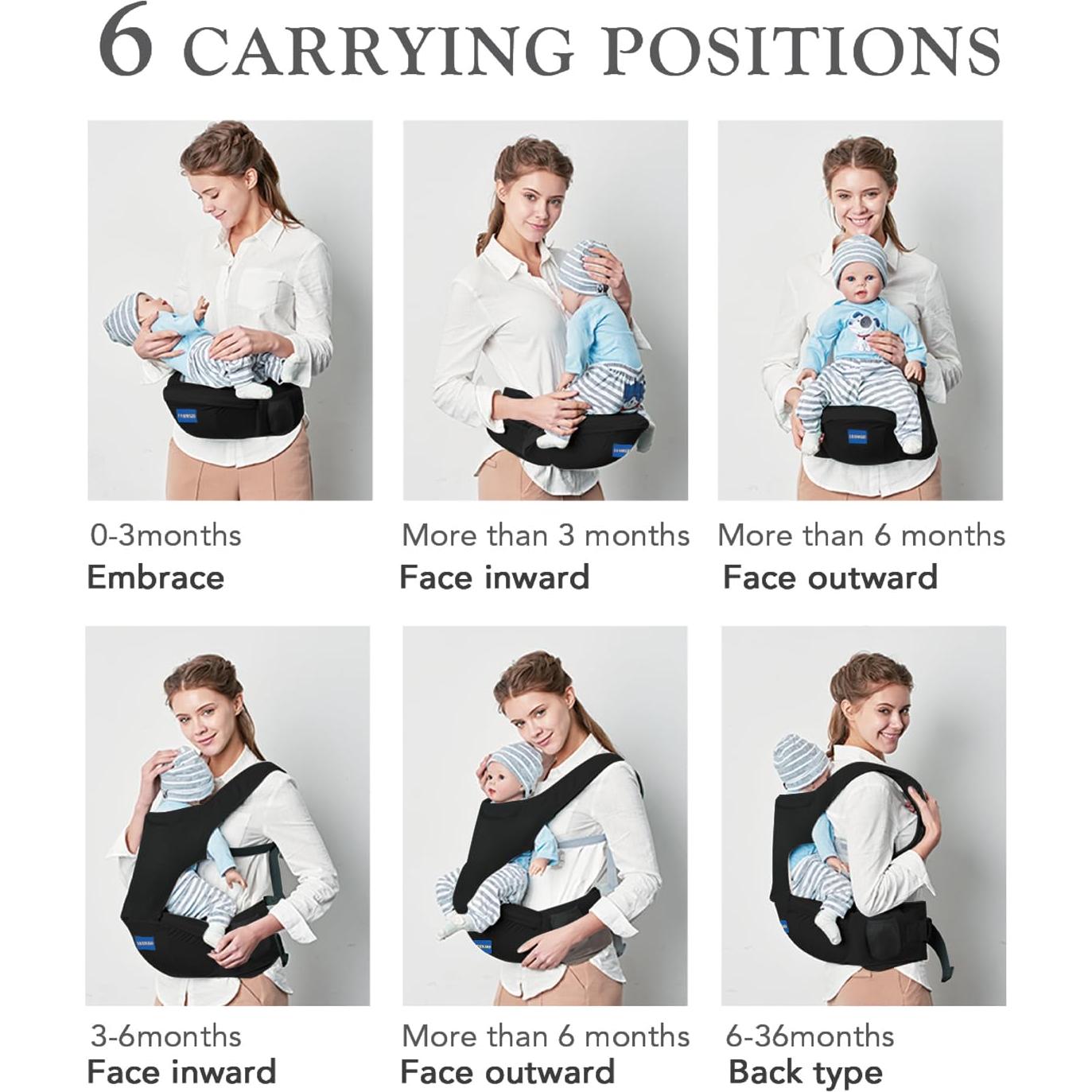 Portabebés 6 en 1 Ajustable Cadera Negro - Para 0 a 36 Meses