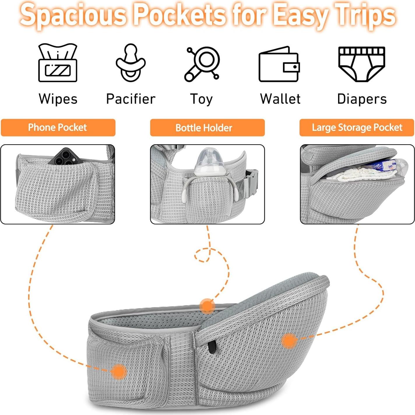 Portabebés IULONEE Hip Seat Gris Ergonométrico 3-20 kg