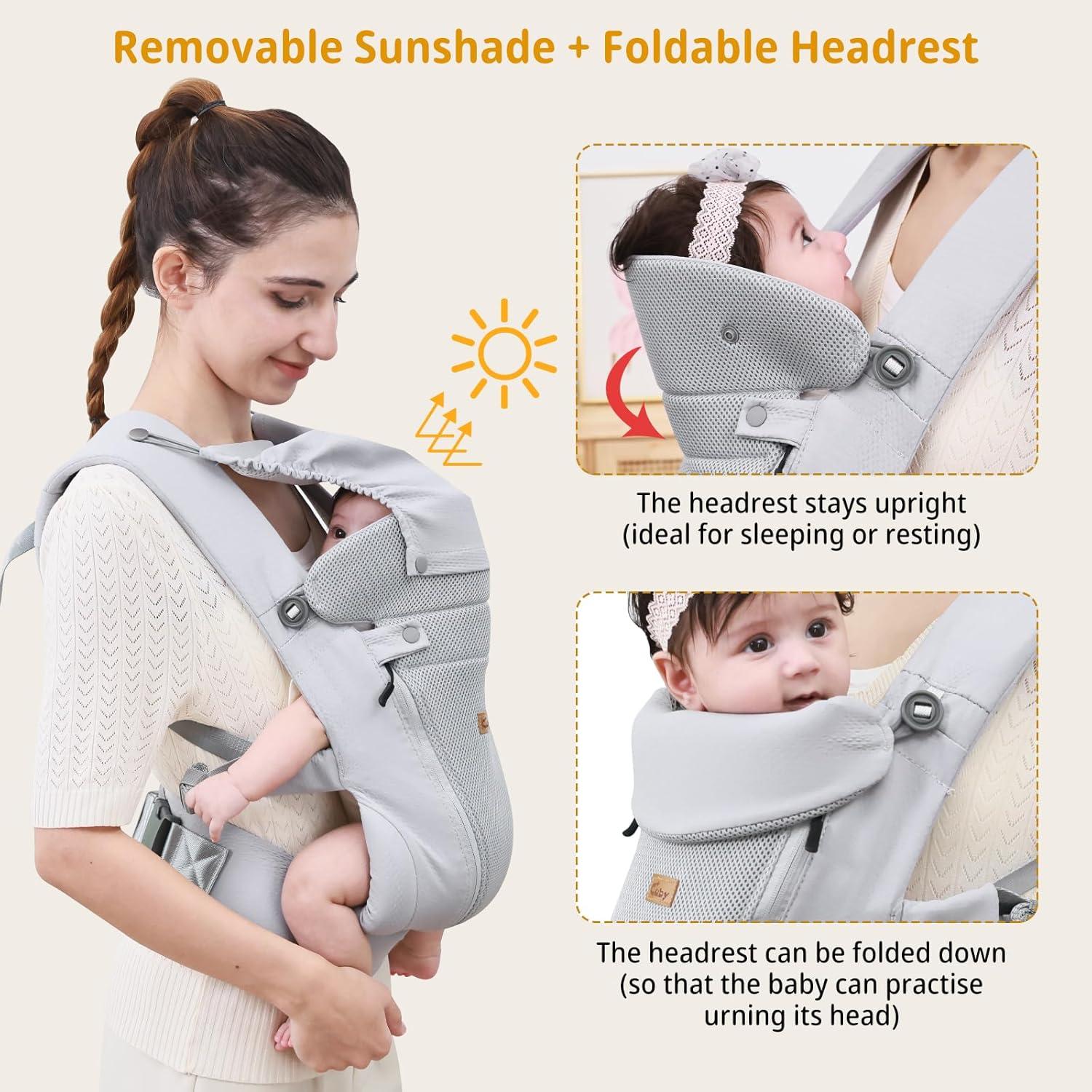 Portabebés CUBY Ajustable con Soporte y Protección Solar - Gris Claro