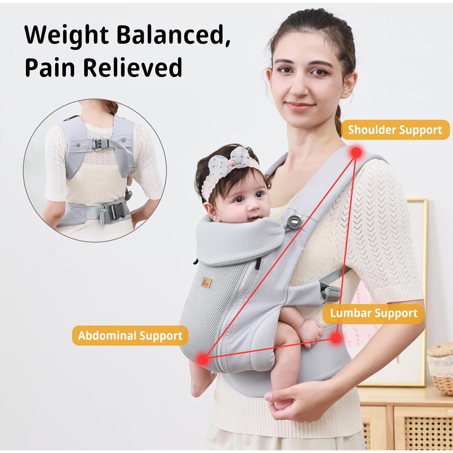 Portabebés CUBY Ajustable con Soporte y Protección Solar - Gris Claro