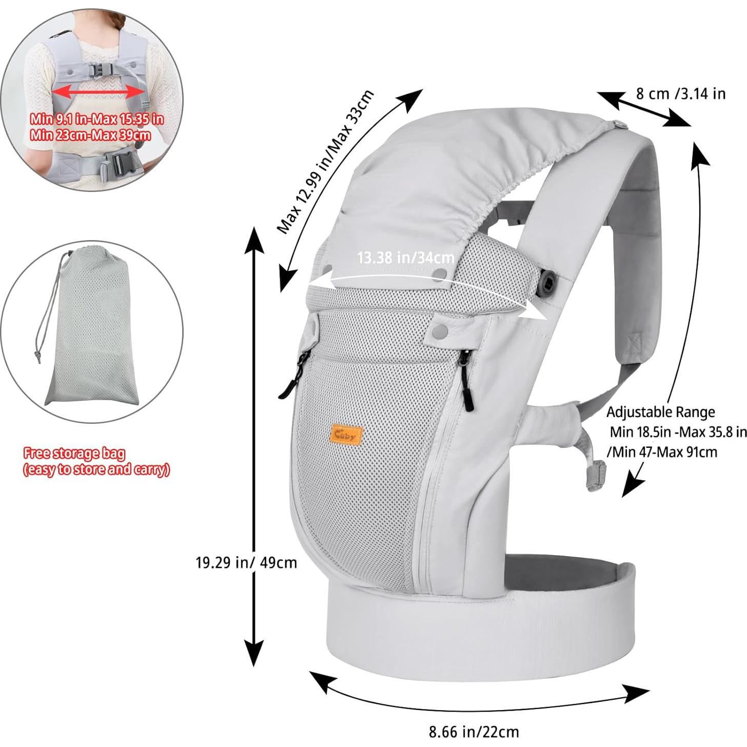 Portabebés CUBY Ajustable con Soporte y Protección Solar - Gris Claro