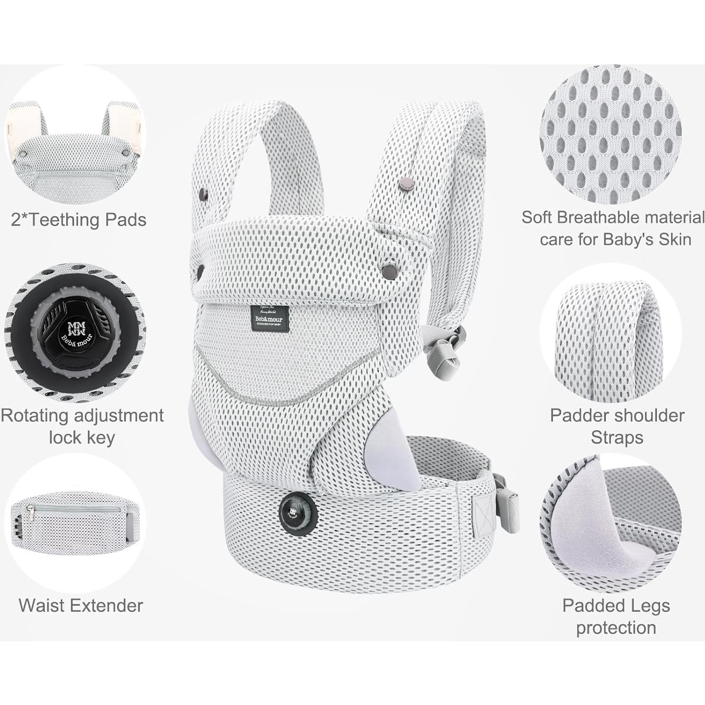 Portabebés Ergonómico Bebamour Gris 3-14.5kg Malla Transpirable
