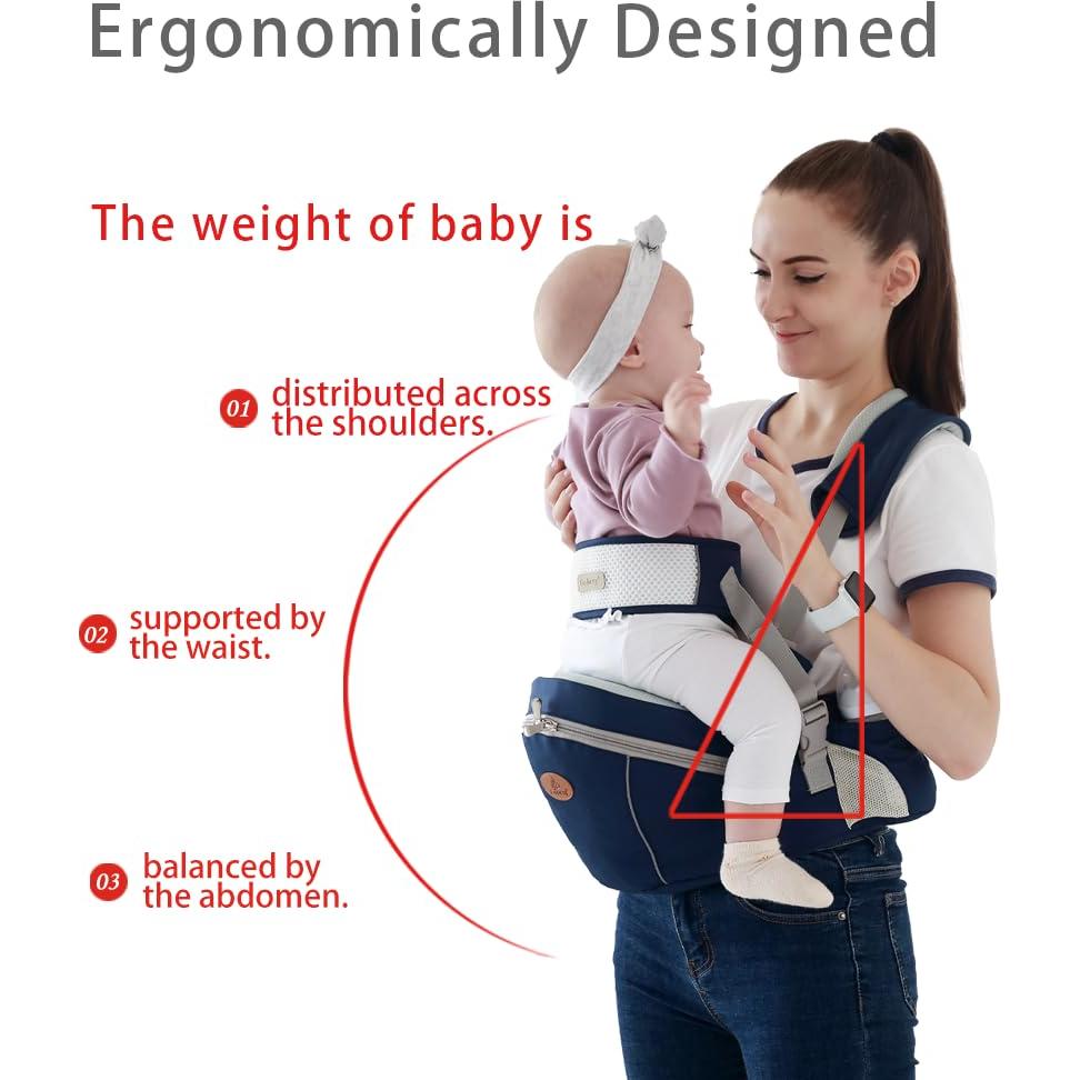 Portabebés con Asiento para Cadera Azul Oscuro - Ergonomía y Almacenamiento