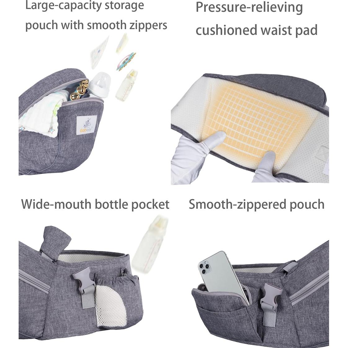 Portabebés con Asiento para Cadera Azul Oscuro - Ergonomía y Almacenamiento