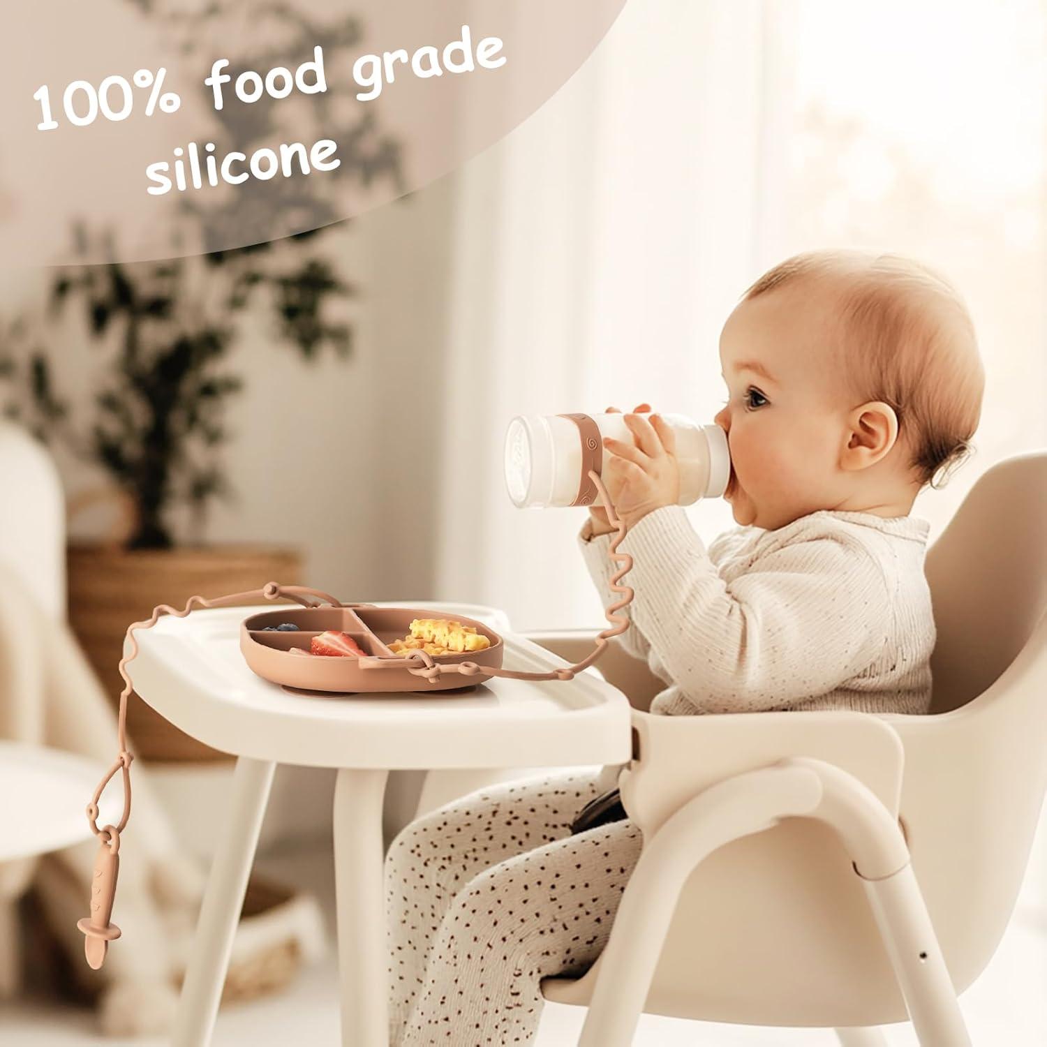 Set de Platos para Bebés YIVEKO con Succión Rosa - 1 Plato, 2 Cucharas, 2 Correas