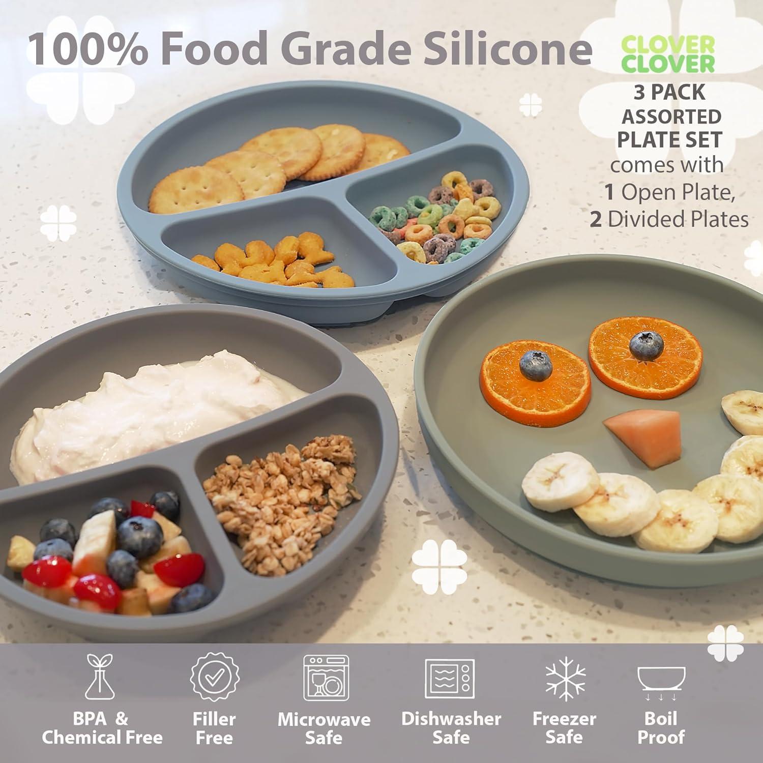 Platos de Succión Clover para Bebés - 100% Silicona, 3 Piezas