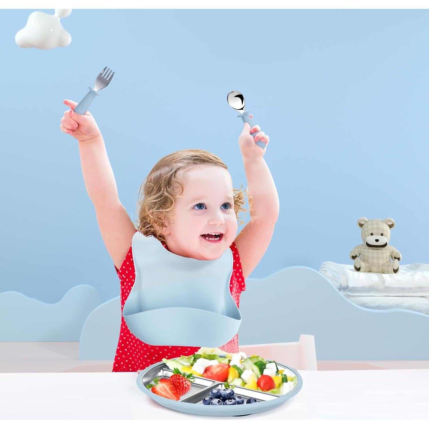 Juego de Platos y Cuchara de Acero Inoxidable ASUMIO Azul