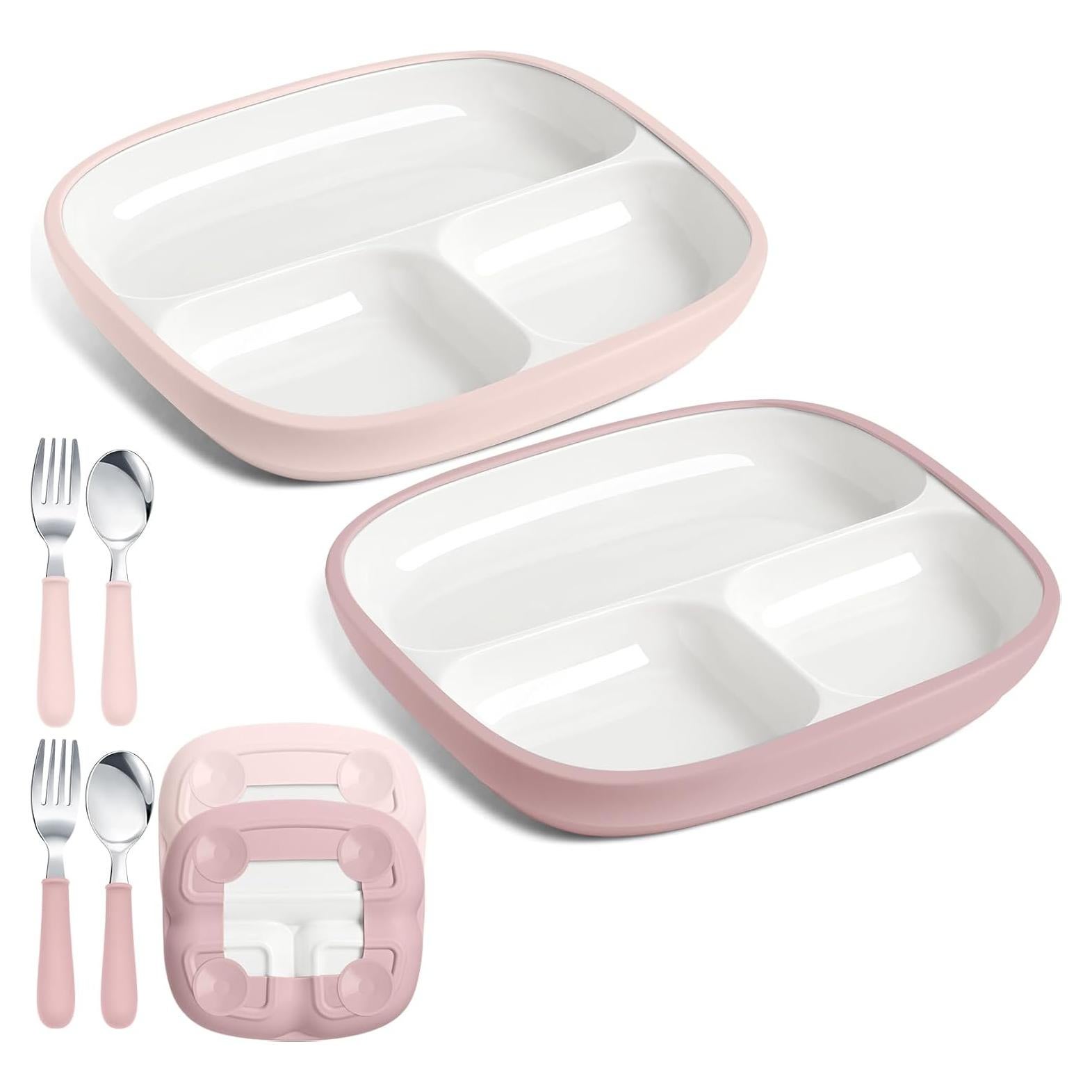 Set de 2 Platos de Porcelana Antideslizantes para Niños - Blanco/Rosa