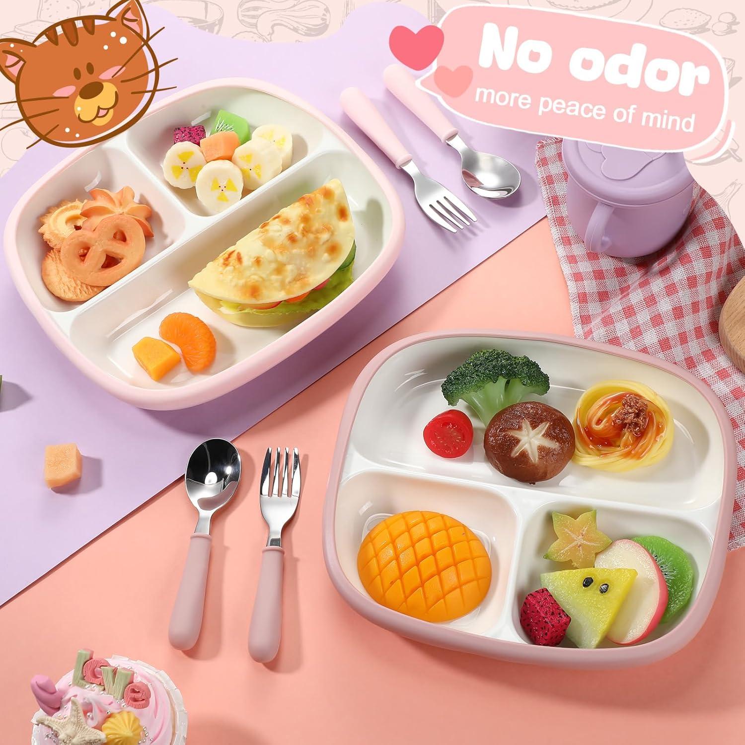 Set de 2 Platos de Porcelana Antideslizantes para Niños - Blanco/Rosa