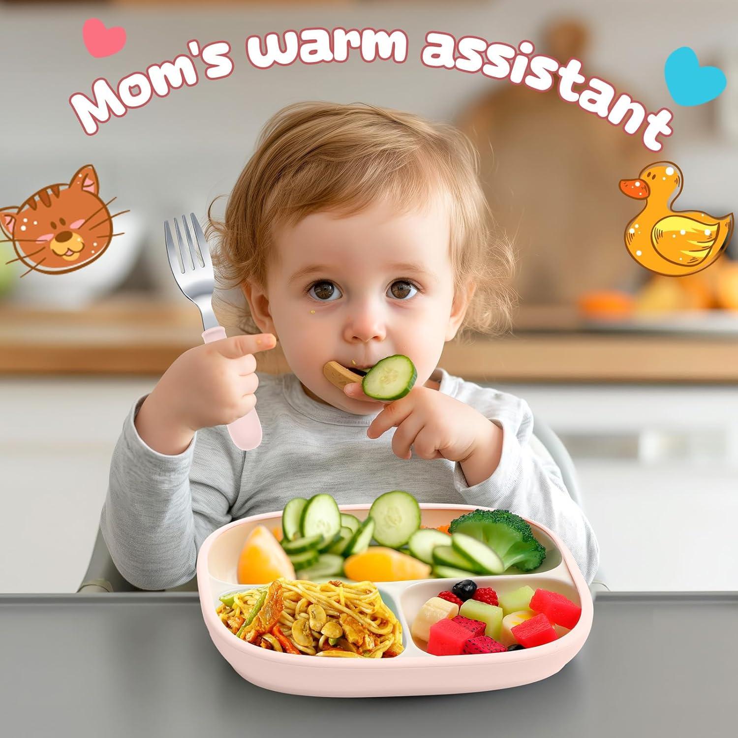 Set de 2 Platos de Porcelana Antideslizantes para Niños - Blanco/Rosa