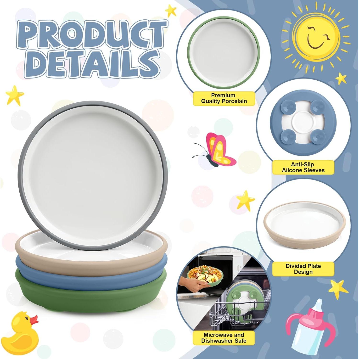 Platos de Porcelana para Niños Domensi 4 Piezas con Succión