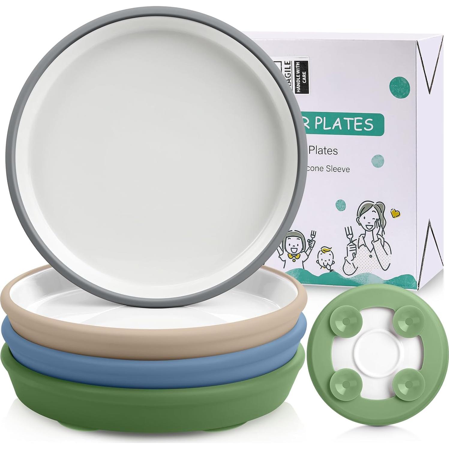 Platos de Porcelana para Niños Domensi 4 Piezas con Succión