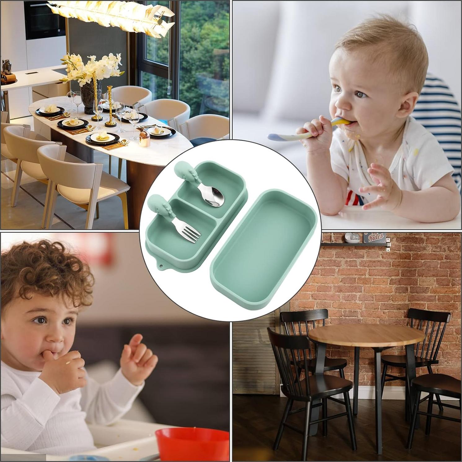 Juego de 4 Platos de Succión Silicona Bebé con Utensilios