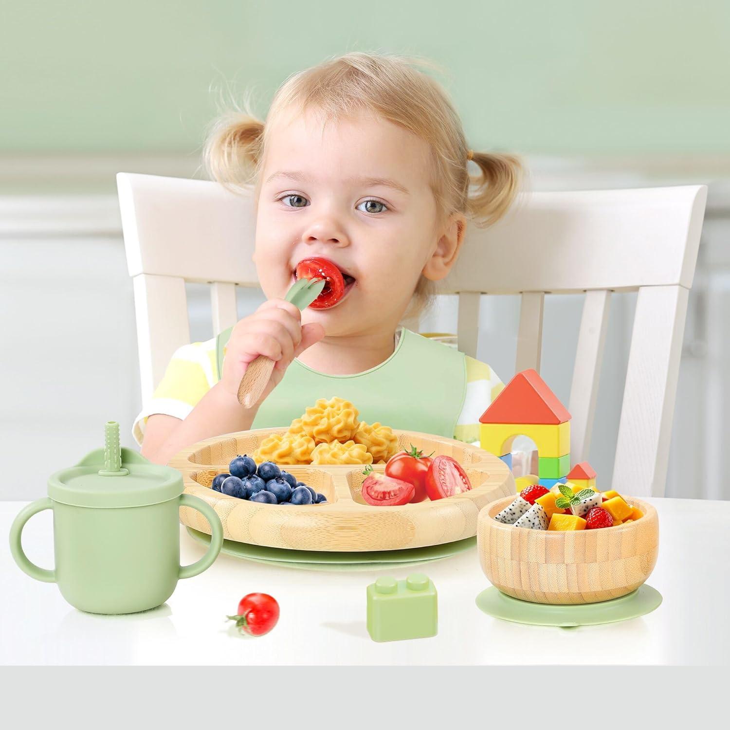 Set de Platos de Bambú para Bebés Womorista - 3 Secciones Verde