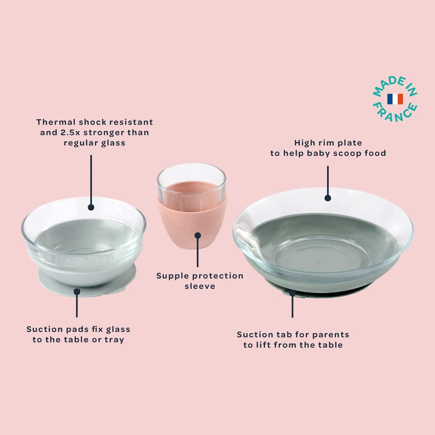BEABA Set de Comida de Vidrio 3 Piezas Antideslizante Rosa