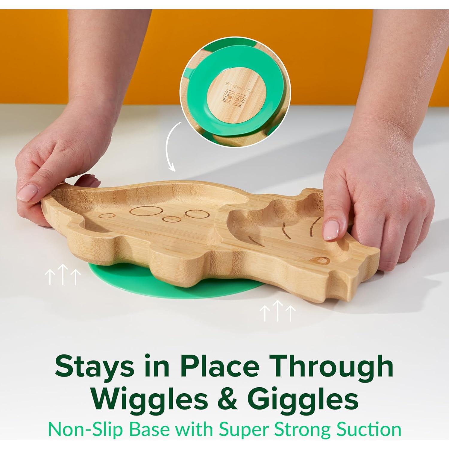 Plato de Succión de Bambú BamBamKidz Dinosaurio Verde