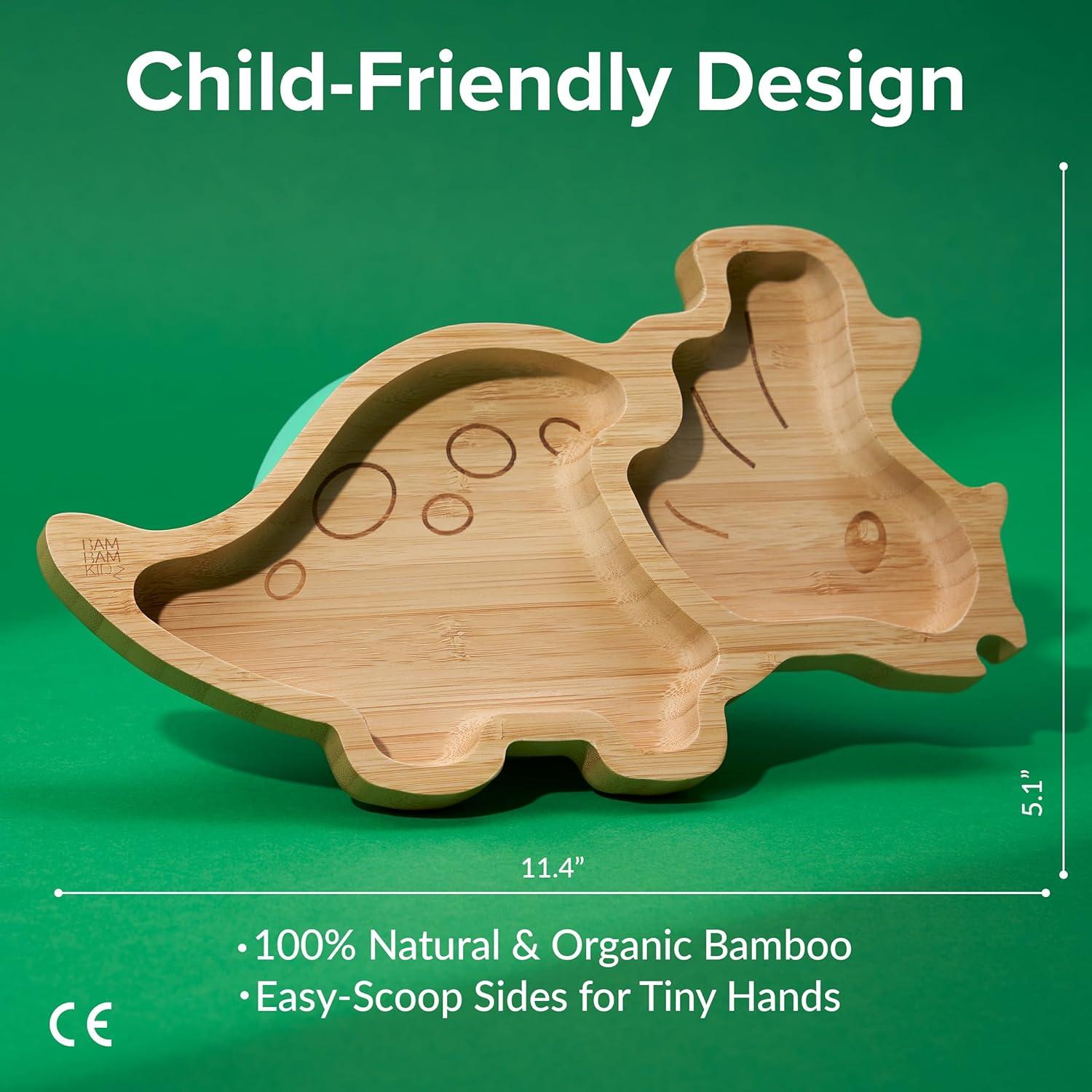 Plato de Succión de Bambú BamBamKidz Dinosaurio Verde