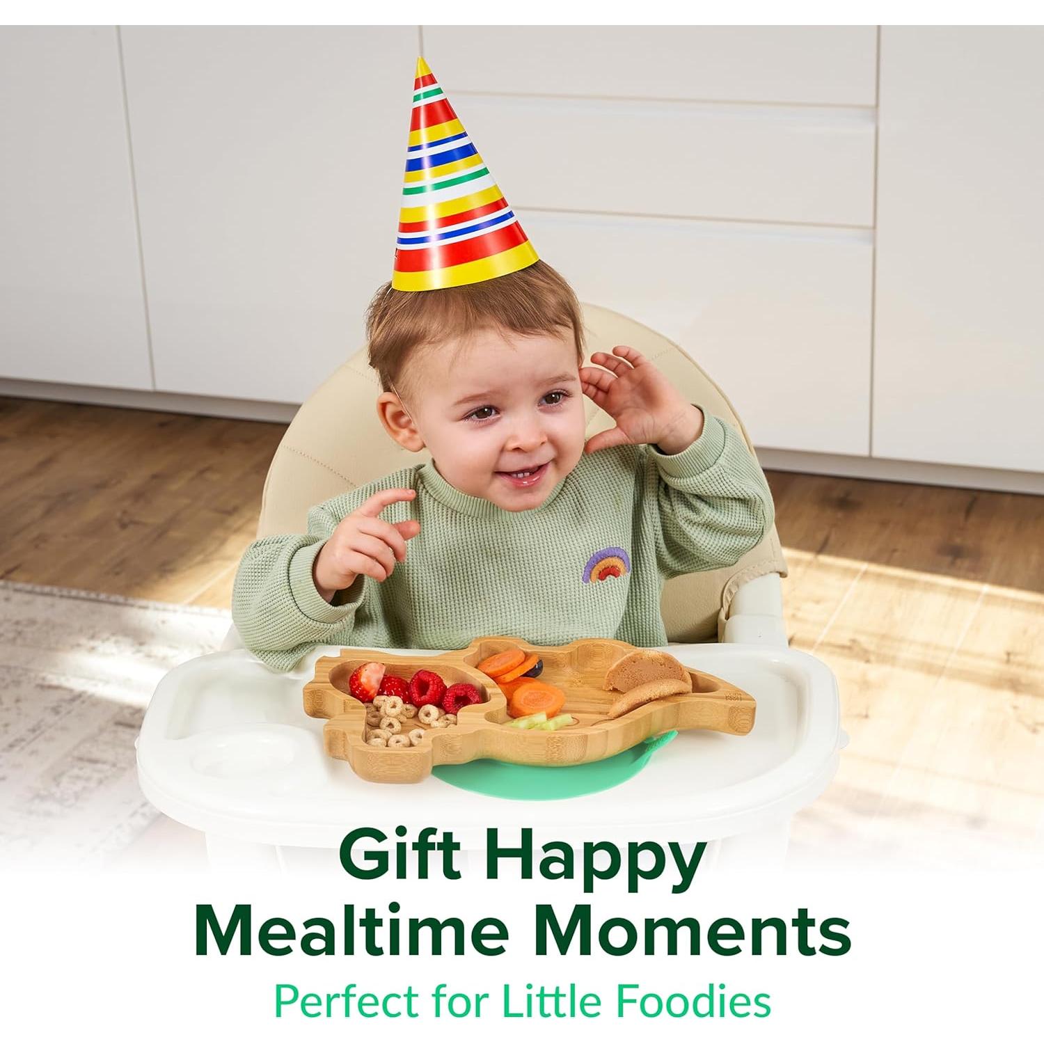 Plato de Succión de Bambú BamBamKidz Dinosaurio Verde