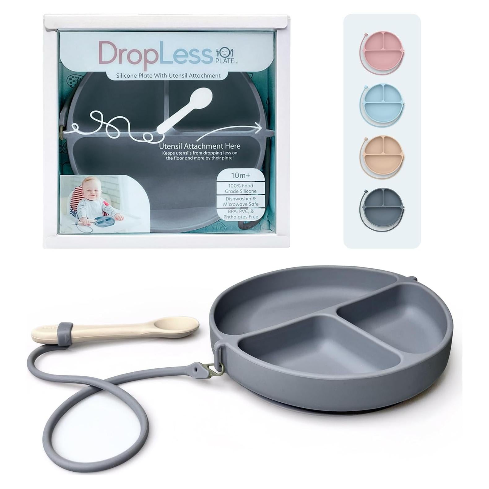 Plato DropLess de Silicona para Bebés con Succión y Correa - Gris