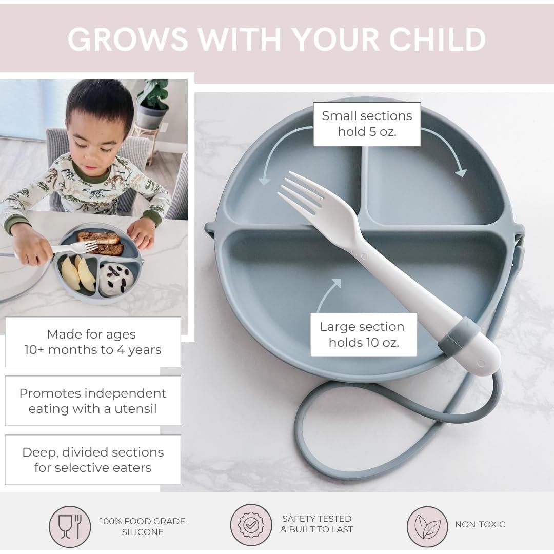 Plato DropLess de Silicona para Bebés con Succión y Correa - Gris