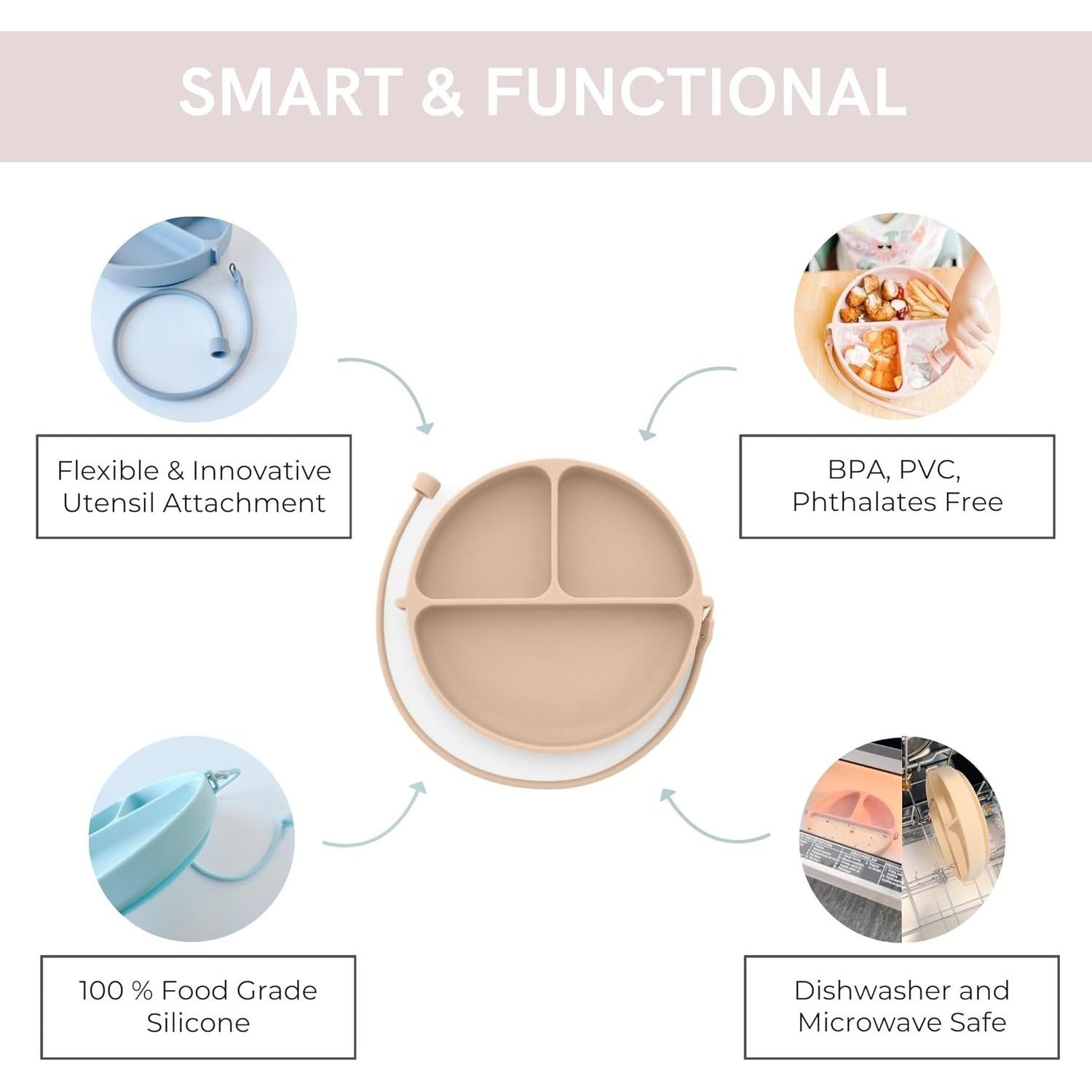 Plato DropLess de Silicona para Bebés con Succión y Correa - Gris
