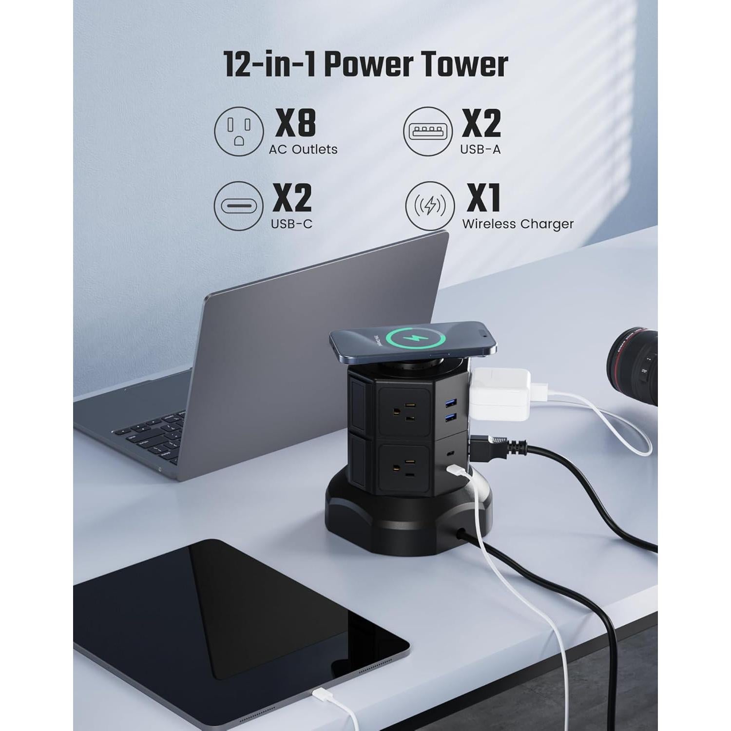 Torre de Regletas de Poder SUPERDANNY 8AC 2USB-A 2USB-C 1.98m